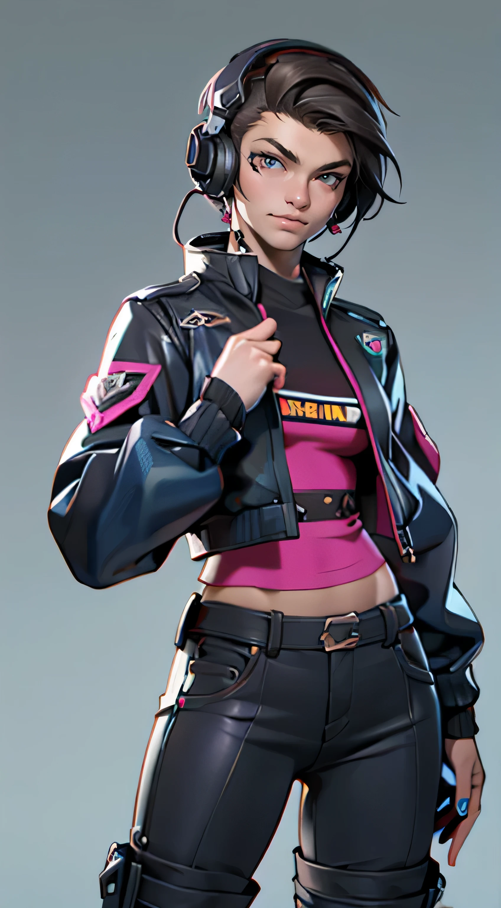 11:23(((best quality: 1.4))),(Unparalleled masterpiece), (ultra high definition),(Hyper-realistic 8K CG)、(one hand action),(dark hair),Headphone equipment,(girl), ((( Body))), (((1 girl in))), 25-year-old American soldier with perfect Body,,Beautiful and well groomed face,muscular Body:1.2,Solid color jeweled jacket with details, (Pictures from head to thighs), Complex equipment, Purple,trousers,The clothes inside are orange and blue,Clothes with armored metal electronic parts, poison tattoo )