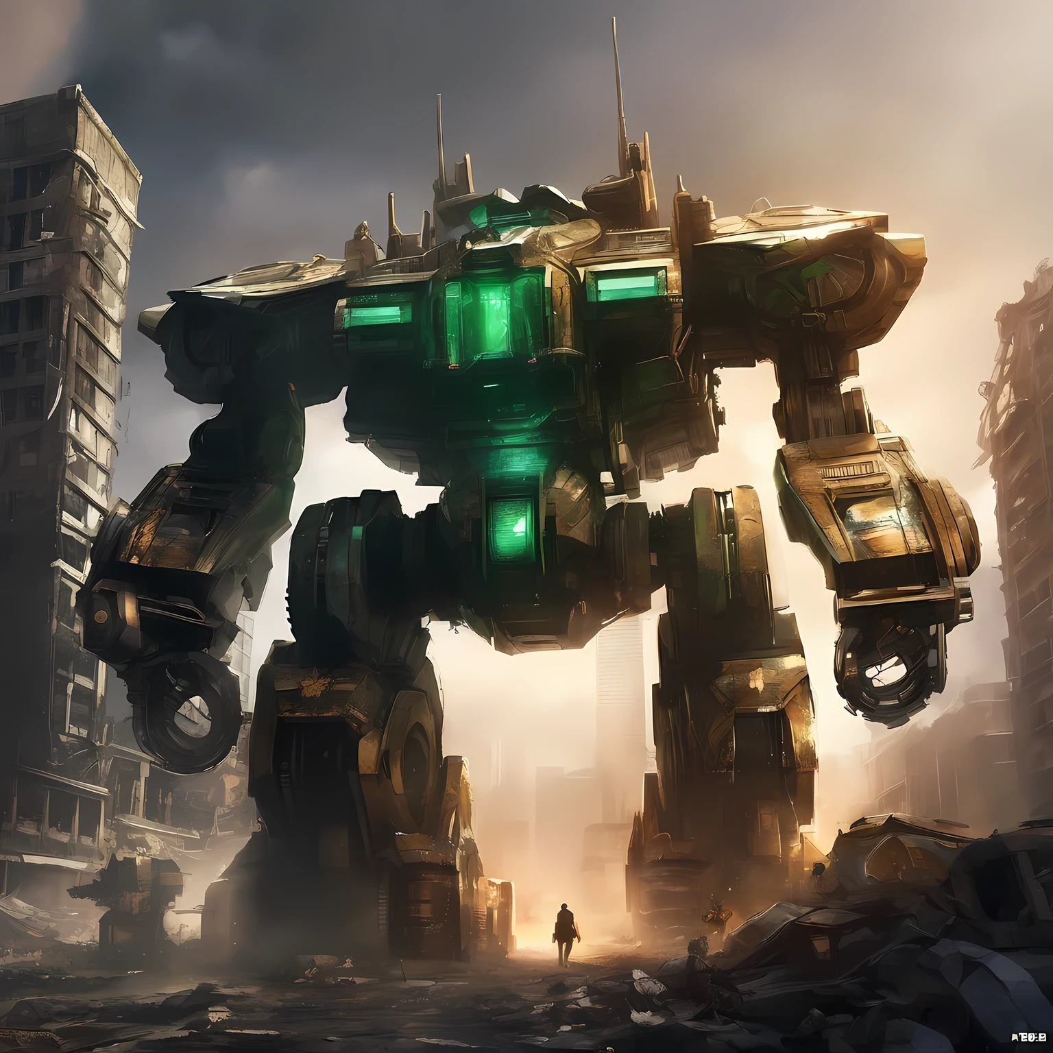 on the screen,it'Abandoned giant machine in the city,its shape design incorporates elements of gemstones,like emerald、diamond, ETC,The metallic texture of the machine contrasts sharply with the brilliance of the gemstones.,Create a noble and mysterious atmosphere。On the mechanical body,Some rusty debris and mottled marks can be seen,这些细节体现了it的经验,it also enhances the visual impact of the picture.。The shape and structure of the machine are very complex,There are many fine parts and mechanical devices,不禁让人浮想起it昔日的威势与辉煌。Machinery surroundings,it is a dilapidated urban background,high-rise buildings and destroyed vehicles,suggesting that the city suffered severe damage。The whole picture is full of decadent and desolate atmosphere,Shows the threats and dangers posed by derelict mechas