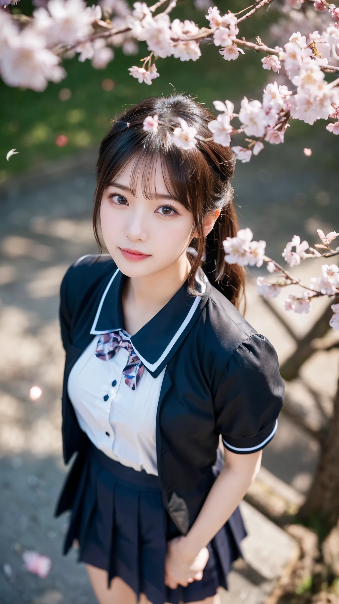 (highest quality,masterpiece:1.3,ultra high resolution),(Super detailed,caustics,8k),(photorealistic:1.4,RAW shooting),1 girl,(笑顔でcherry blossomsを見上げる),18-year-old,cute,Japanese,black short ponytail,(school uniform),glamorous,(big ),(face focus),street,cherry blossoms,Natural light,(Lens flare),professional writing,(cowboy shot),(bird&#39;s eye view:1.3),(high position:1.4),(high angle:1.4)