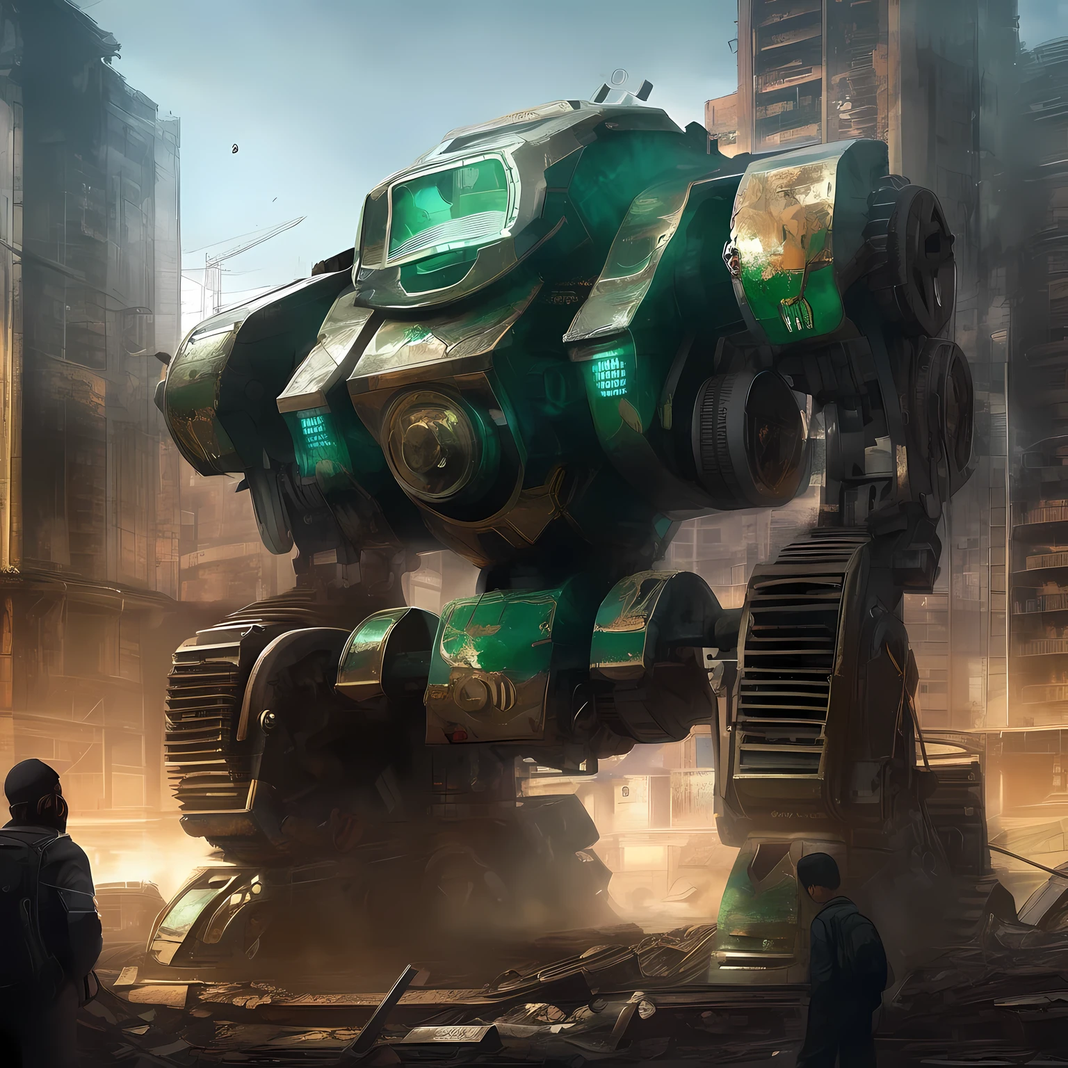 on the screen，it&#39;Abandoned giant machine in the city，its shape design incorporates elements of gemstones，like emerald、diamond, ETC，The metallic texture of the machine contrasts sharply with the brilliance of the gemstones.，Create a noble and mysterious atmosphere。On the mechanical body，Some rusty debris and mottled marks can be seen，这些细节体现了it的经验，it also enhances the visual impact of the picture.。The shape and structure of the machine are very complex，There are many fine parts and mechanical devices，不禁让人浮想起it昔日的威势与辉煌。Machinery surroundings，it is a dilapidated urban background，high-rise buildings and destroyed vehicles，suggesting that the city suffered severe damage。The whole picture is full of decadent and desolate atmosphere，Shows the threats and dangers posed by derelict mechas
