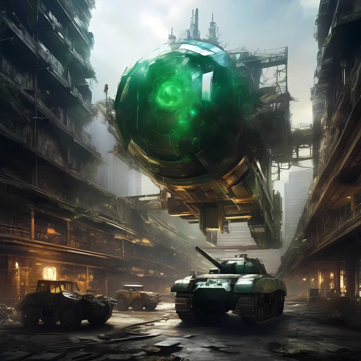 on the screen，it&#39;Abandoned giant machine in the city，its shape design incorporates elements of gemstones，like emerald、diamond, ETC，The metallic texture of the machine contrasts sharply with the brilliance of the gemstones.，Create a noble and mysterious atmosphere。On the mechanical body，Some rusty debris and mottled marks can be seen，这些细节体现了it的经验，it also enhances the visual impact of the picture.。The shape and structure of the machine are very complex，There are many fine parts and mechanical devices，不禁让人浮想起it昔日的威势与辉煌。Machinery surroundings，it is a dilapidated urban background，high-rise buildings and destroyed vehicles，suggesting that the city suffered severe damage。The whole picture is full of decadent and desolate atmosphere，Shows the threats and dangers posed by derelict mechas