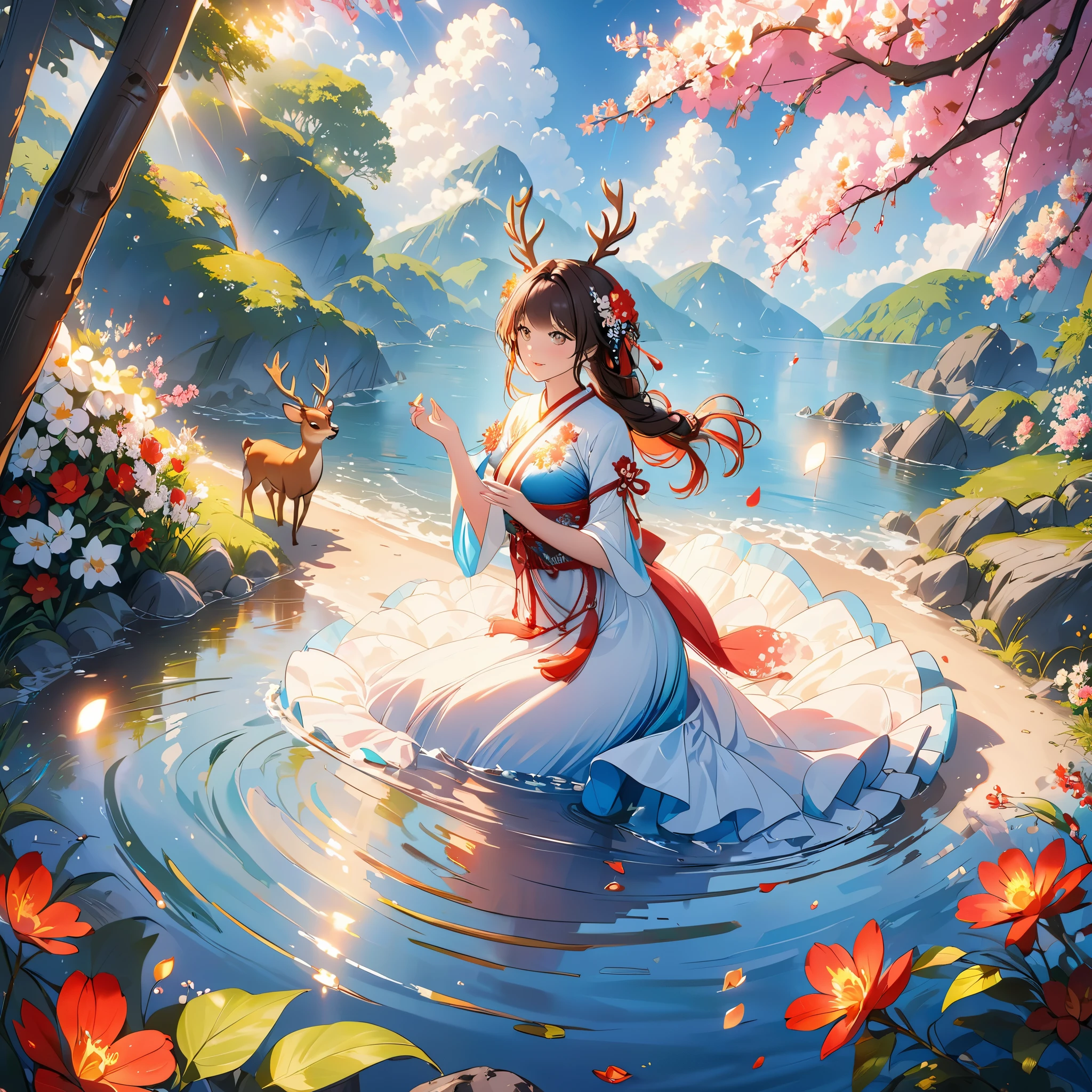 marmaid,blue,Foam,singing,Masterpiece,best quality,(Very detailed cg unity 8k wallpaper),(best quality),(best illustrations),(best shade),glowing sprites,Glowing deer,Chinese themed elements。,Surrounded by flowers,Delicate leaves and branches are surrounded by fireflies(natural elements),(jungle theme),(crystal),(pearl),(clouds),(particle effects)and other 3D,Octane rendering,Ray tracing,Super detailed--v6