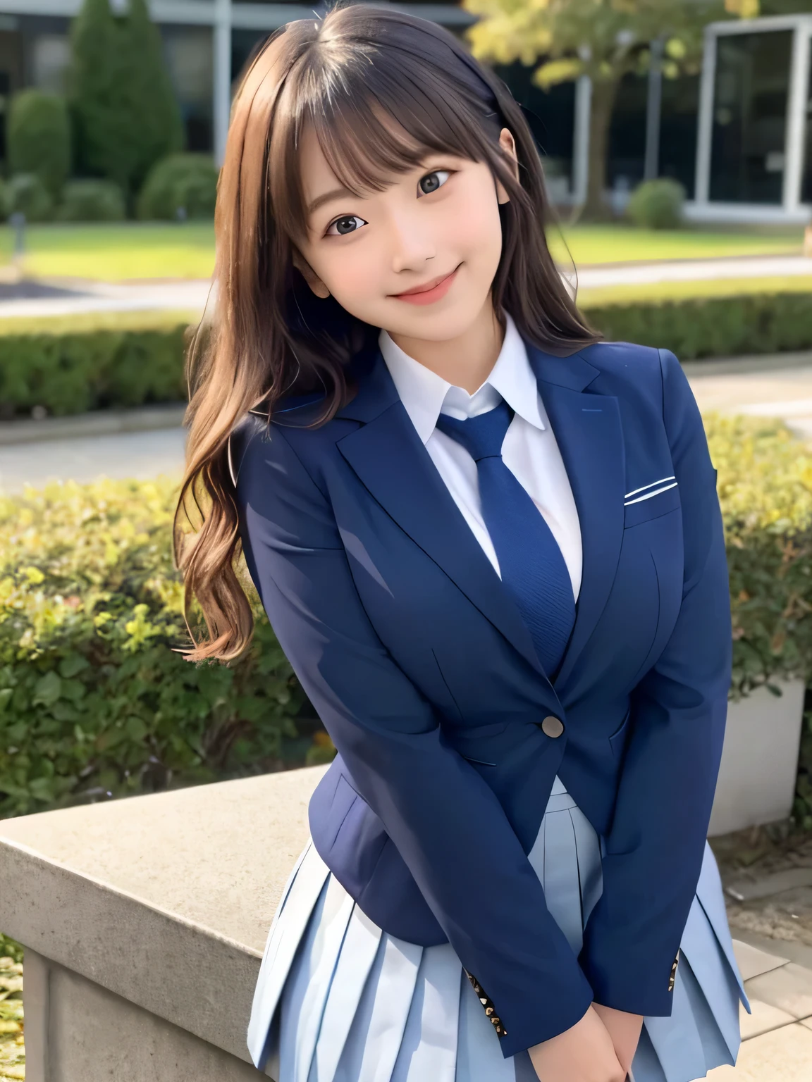 8k, highest quality, real image, intricate details, Super detailed, ultra high resolution, depth field,(realistic,realistic:1.2), from the middle, 1 Japanese girl, very beautiful 17 year old girl, Big eyes, beautiful breasts:1.5、highly detailed eyes:1.2), (beautiful breasts:1.1), (small breasts:1.2), wavy hair、curly hair、bangs, perfect skin, Fair skin, huge hips, thick thighs, thick legs, cleavage, tight waist, light blush, alone, looking at the viewer, (smile:1.4), (Happy:1.2), (School_uniform),(dark blue blazer), (white shirt、wear a tie), (gray pleated skirt), (sculpture installation :1.1)