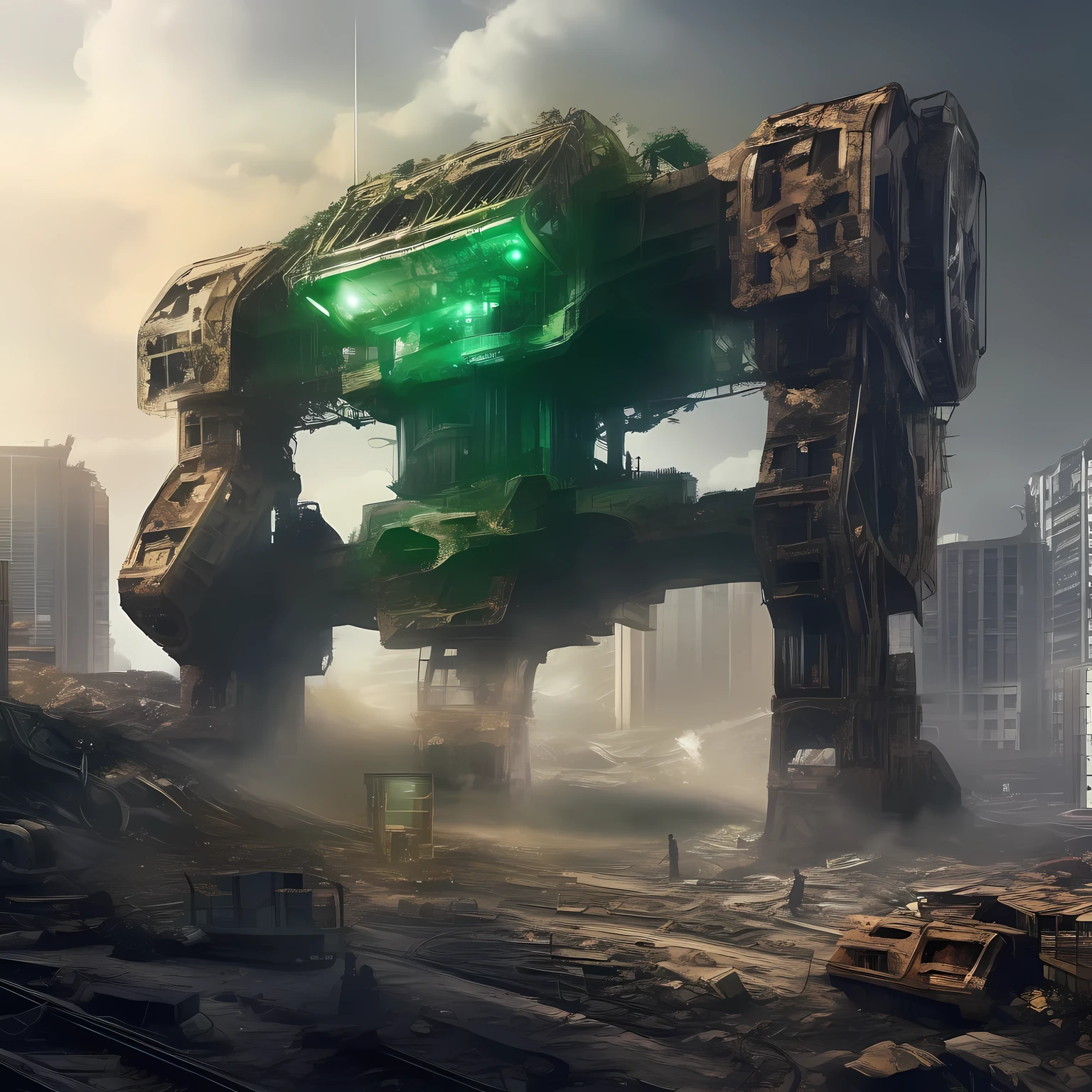 on the screen,it'Abandoned giant machine in the city,its shape design incorporates elements of gemstones,like emerald、diamond, ETC,The metallic texture of the machine contrasts sharply with the brilliance of the gemstones.,Create a noble and mysterious atmosphere。On the mechanical body,Some rusty debris and mottled marks can be seen,这些细节体现了it的经验,it also enhances the visual impact of the picture.。The shape and structure of the machine are very complex,There are many fine parts and mechanical devices,不禁让人浮想起it昔日的威势与辉煌。Machinery surroundings,it is a dilapidated urban background,high-rise buildings and destroyed vehicles,suggesting that the city suffered severe damage。The whole picture is full of decadent and desolate atmosphere,Shows the threats and dangers posed by derelict mechas