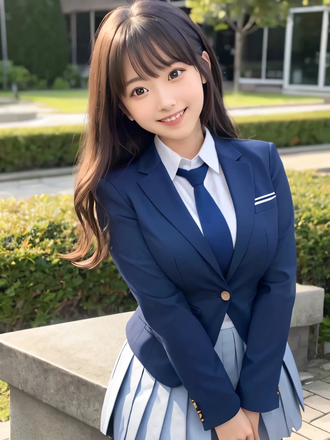 8k, highest quality, real image, intricate details, Super detailed, ultra high resolution, depth field,(realistic,realistic:1.2), from the middle, 1 Japanese girl, very beautiful 17 year old girl, Big eyes, beautiful breasts:1.5、highly detailed eyes:1.2), (beautiful breasts:1.1), (small breasts:1.2), wavy hair、curly hair、bangs, perfect skin, Fair skin, huge hips, thick thighs, thick legs, cleavage, tight waist, light blush, alone, looking at the viewer, (smile:1.4), (Happy:1.2), (School_uniform),(dark blue blazer), (white shirt、wear a tie), (gray pleated skirt), (sculpture installation :1.1)