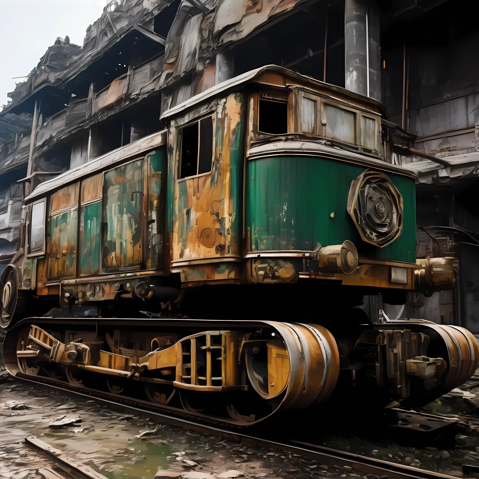 on the screen，it&#39;Abandoned giant machine in the city，its shape design incorporates elements of gemstones，like emerald、diamond, ETC，The metallic texture of the machine contrasts sharply with the brilliance of the gemstones.，Create a noble and mysterious atmosphere。On the mechanical body，Some rusty debris and mottled marks can be seen，这些细节体现了it的经验，it also enhances the visual impact of the picture.。The shape and structure of the machine are very complex，There are many fine parts and mechanical devices，不禁让人浮想起it昔日的威势与辉煌。Machinery surroundings，it is a dilapidated urban background，high-rise buildings and destroyed vehicles，suggesting that the city suffered severe damage。The whole picture is full of decadent and desolate atmosphere，Shows the threats and dangers posed by derelict mechas