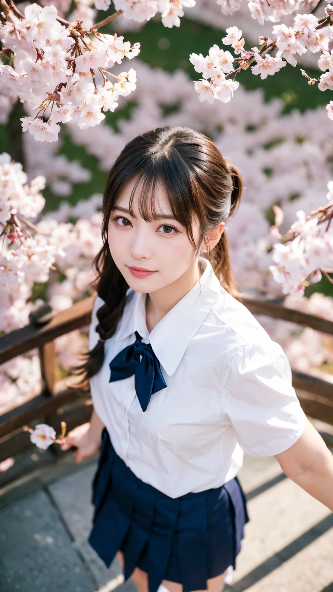 (highest quality,masterpiece:1.3,ultra high resolution),(Super detailed,caustics,8k),(photorealistic:1.4,RAW shooting),1 girl,(笑顔でcherry blossomsを見上げる),18-year-old,cute,Japanese,black short ponytail,(school uniform),glamorous,(big ),(face focus),street,cherry blossoms,Natural light,(Lens flare),professional writing,(cowboy shot),(bird&#39;s eye view:1.3),(high position:1.4),(high angle:1.4)