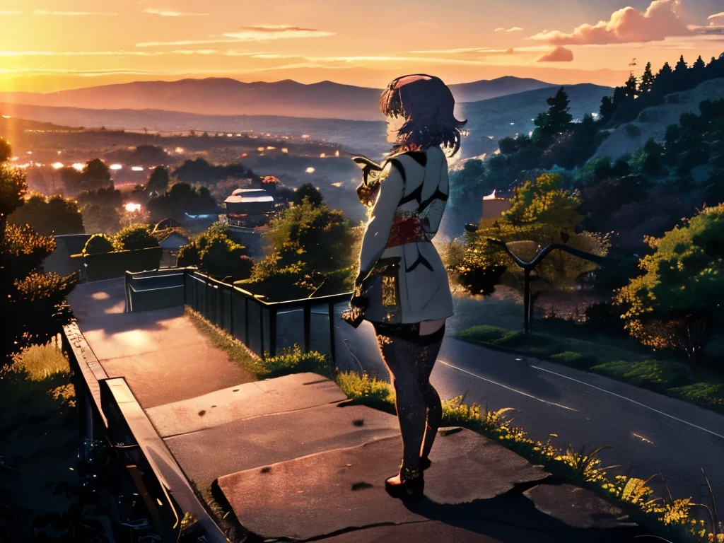 Yagyuu Gisen, Girl standing on stairs from hill during sunset. Dusk, warm light, melancholy entourage, thick thighs, contemplative facial expression, rear side view, European landscape, clearly visible person, pattern print legwear, unusual stockings, light illuminates person