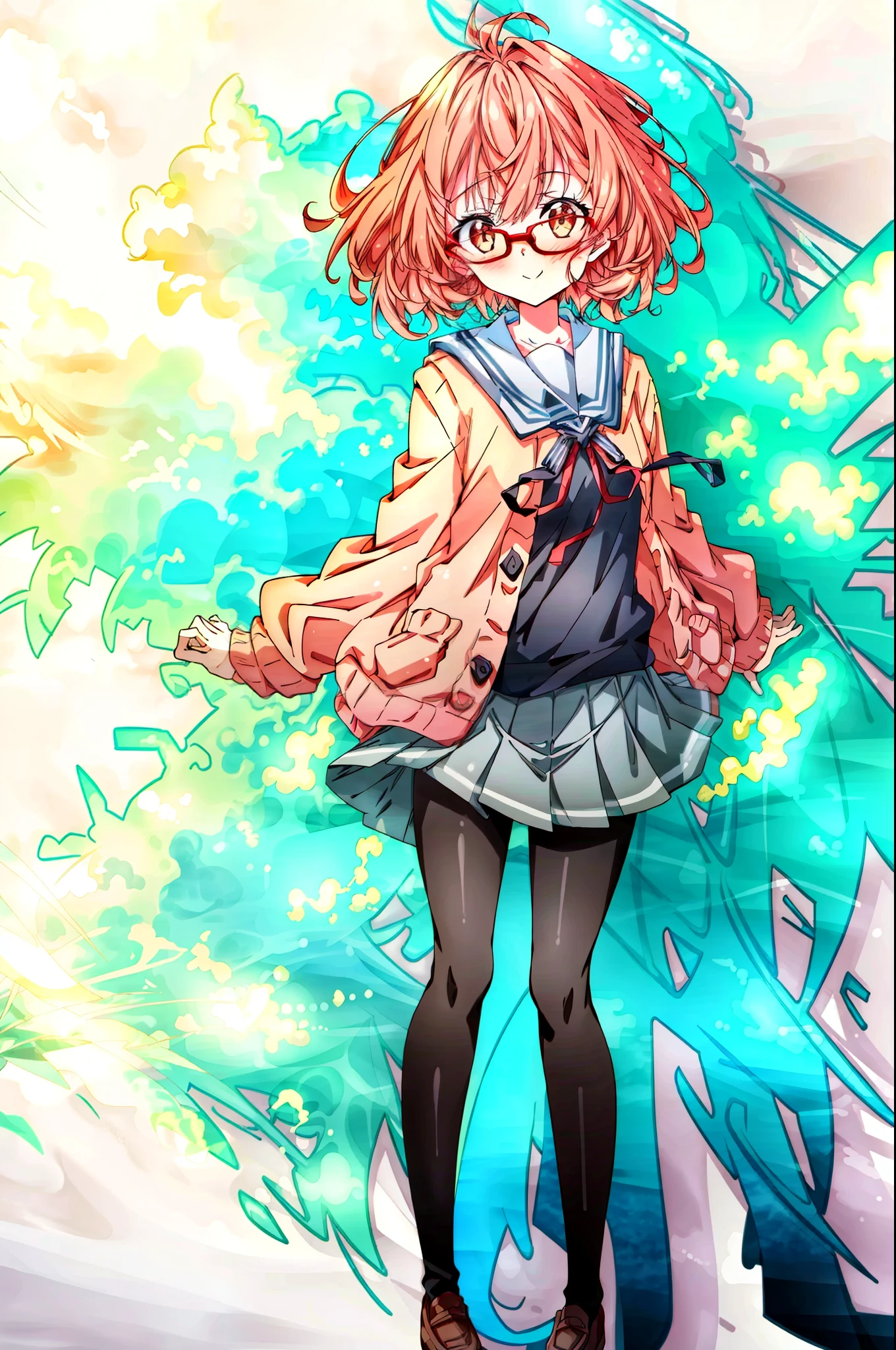 masterpiece,highest quality, super detailed, detailed face, 1 girl, Kuriyama未来, Are standing, Brown_shoes, black_leg wear, green_skirt, smile, Brown_hair, cardigan, Glasses, Kuriyama_Future, motion_OK, Open_cardigan, Open_Clothes, pantyhose, ((white_background)), pleats_skirt, red frame_glasses, School_uniform, serafuku, short_hair, skirt, alone,  