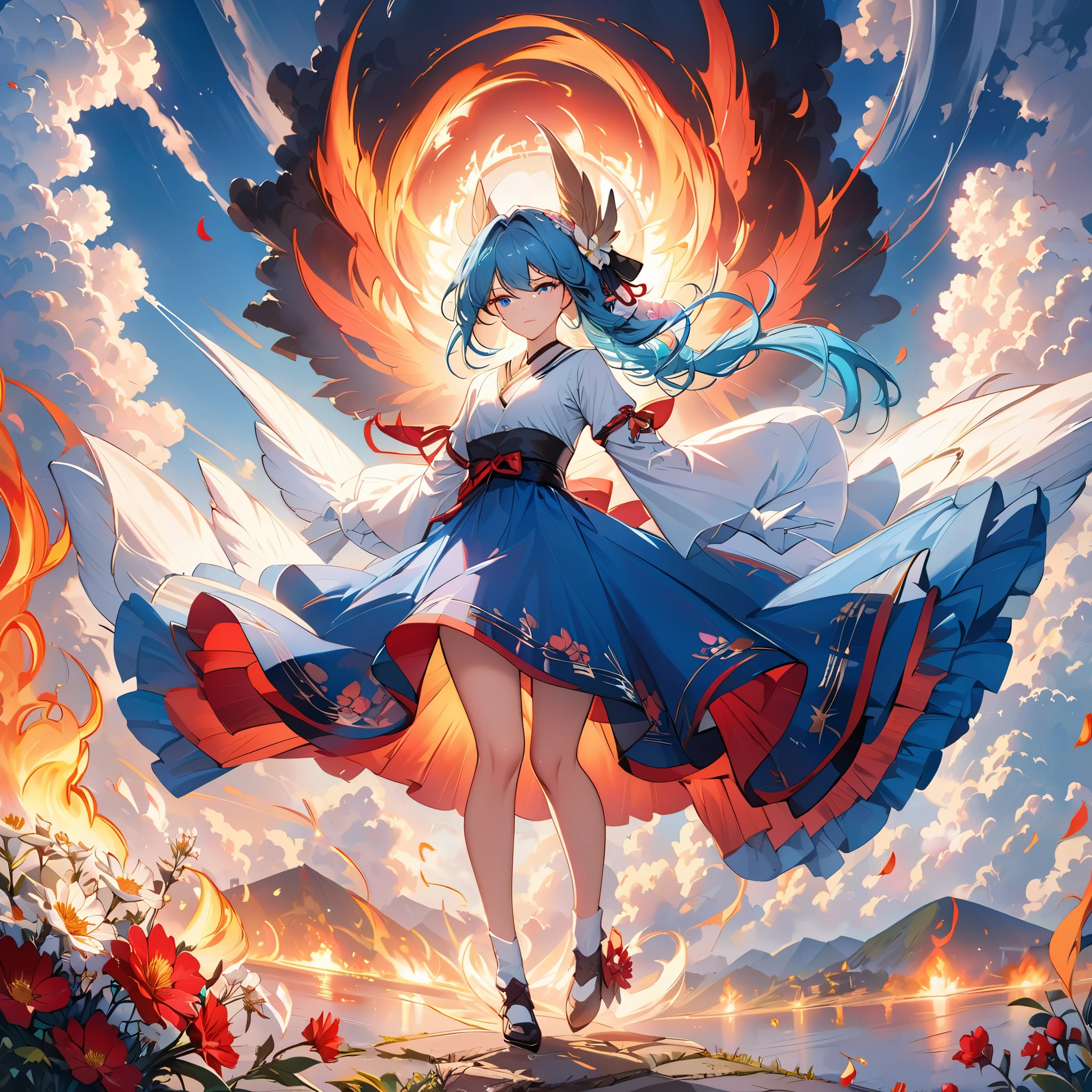 (((masterpiece))),best quality, illustration,beautiful detailed glow,(beautiful detailed eyes), (dark magician girl:1.1),big forhead,flower,large top sleeves,Floating ashes, Beautiful and detailed explosion, red moon, fire,Fire cloud, Wings on fire, a cloudy sky, smoke of gunpowder, burning, black dress, (beautiful detailed eyes),expressionless,beautiful detailed white gloves, Dove of peace, (floating cloud:1.2),azure hair,disheveled hair,long bangs, hairs between eyes, black kneehighs, black ribbon,white bowties,midriff,{{{half closed eyes}}},