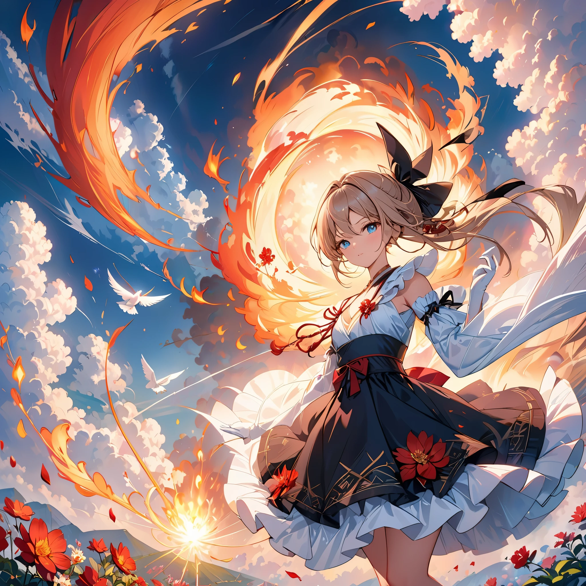 (((masterpiece))),best quality, illustration,beautiful detailed glow,(beautiful detailed eyes), (dark magician girl:1.1),big forhead,flower,large top sleeves,Floating ashes, Beautiful and detailed explosion, red moon, fire,Fire cloud, Wings on fire, a cloudy sky, smoke of gunpowder, burning, black dress, (beautiful detailed eyes),expressionless,beautiful detailed white gloves, Dove of peace, (floating cloud:1.2),azure hair,disheveled hair,long bangs, hairs between eyes, black kneehighs, black ribbon,white bowties,midriff,{{{half closed eyes}}},