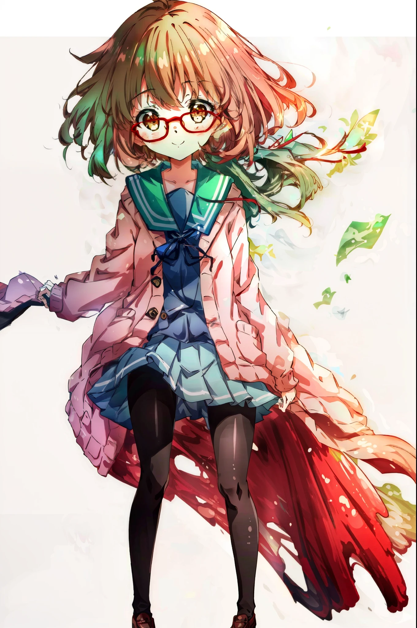 masterpiece,highest quality, super detailed, detailed face, 1 girl, Kuriyama未来, Are standing, Brown_shoes, black_leg wear, green_skirt, smile, Brown_hair, cardigan, Glasses, Kuriyama_Future, motion_OK, Open_cardigan, Open_Clothes, pantyhose, ((white_background)), pleats_skirt, red frame_glasses, School_uniform, serafuku, short_hair, skirt, alone,  