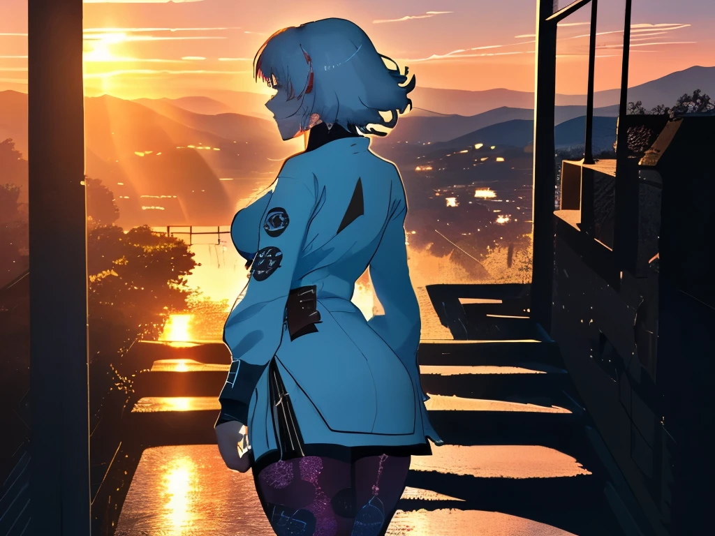 Yagyuu Gisen, Girl standing on stairs from hill during sunset. Dusk, warm light, melancholy entourage, thick thighs, contemplative facial expression, rear side view, European landscape, clearly visible person, pattern print legwear, unusual stockings, light illuminates person