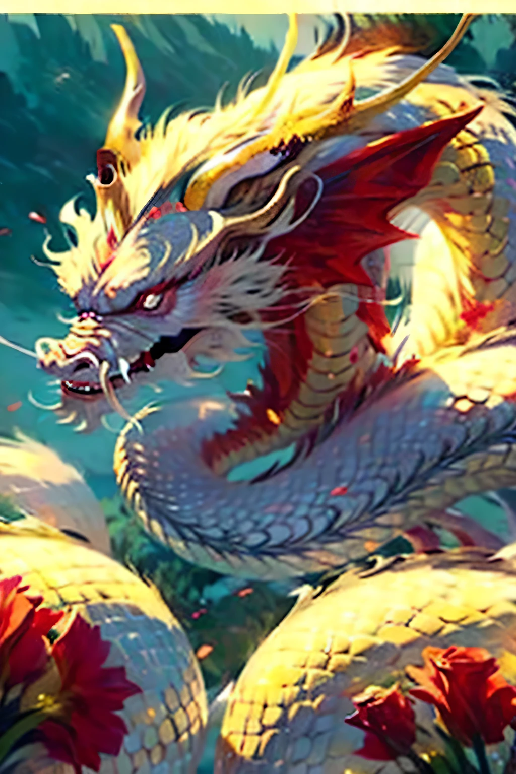 masterpiece,best quality,castle,Middle Ages,Dragon,swordsman,Jack,Maiden,tulip,garden,Sea of Flowers,Rose,Flames of war,flame,alp,epic,Grand and grand,Dragon,Flying dragon,cloud,warfare,