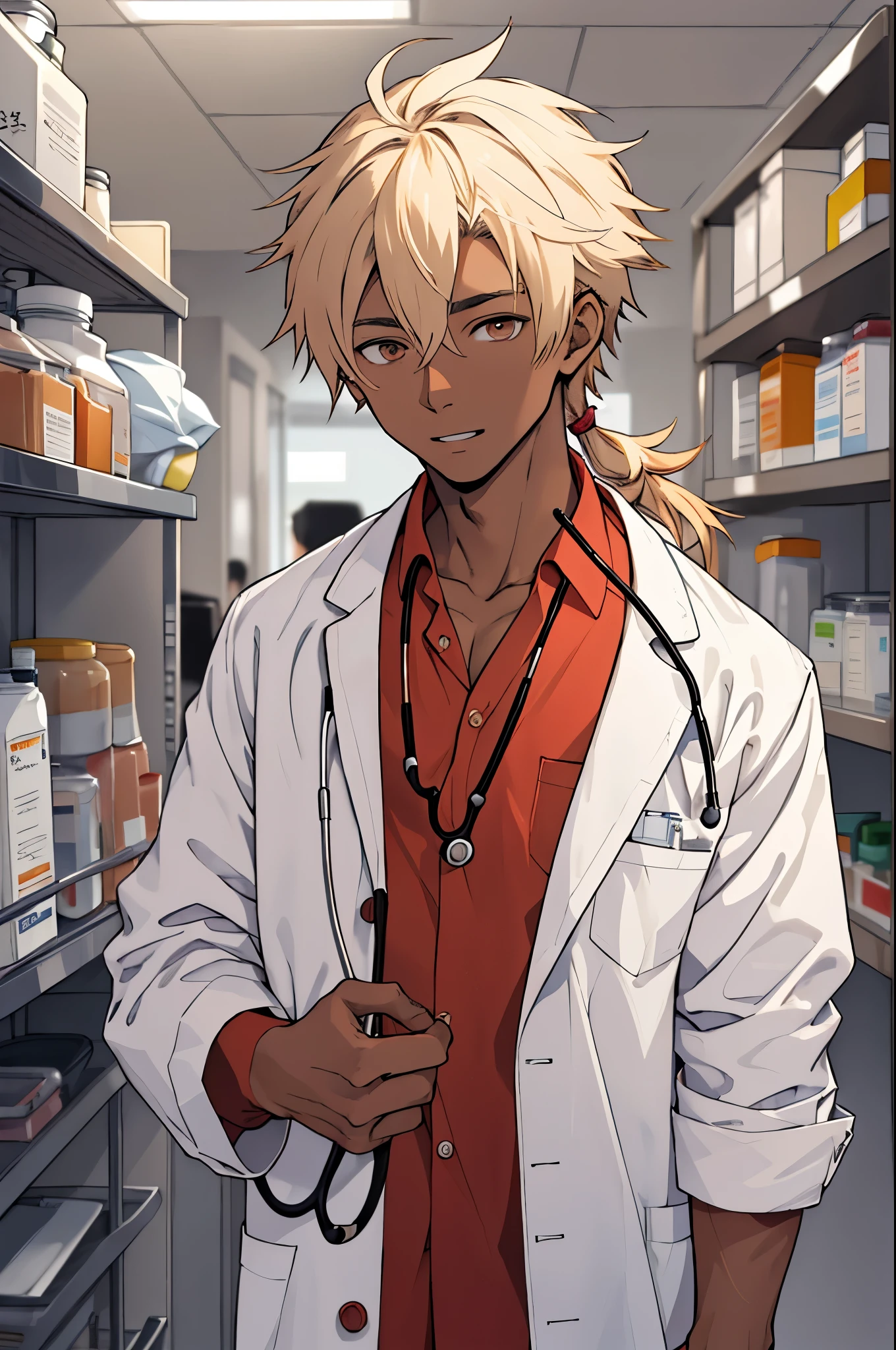 Young nurse in the urgency and emergency department in a white coat and stethoscope, brown skin, honey-colored eyes, gradient hair
