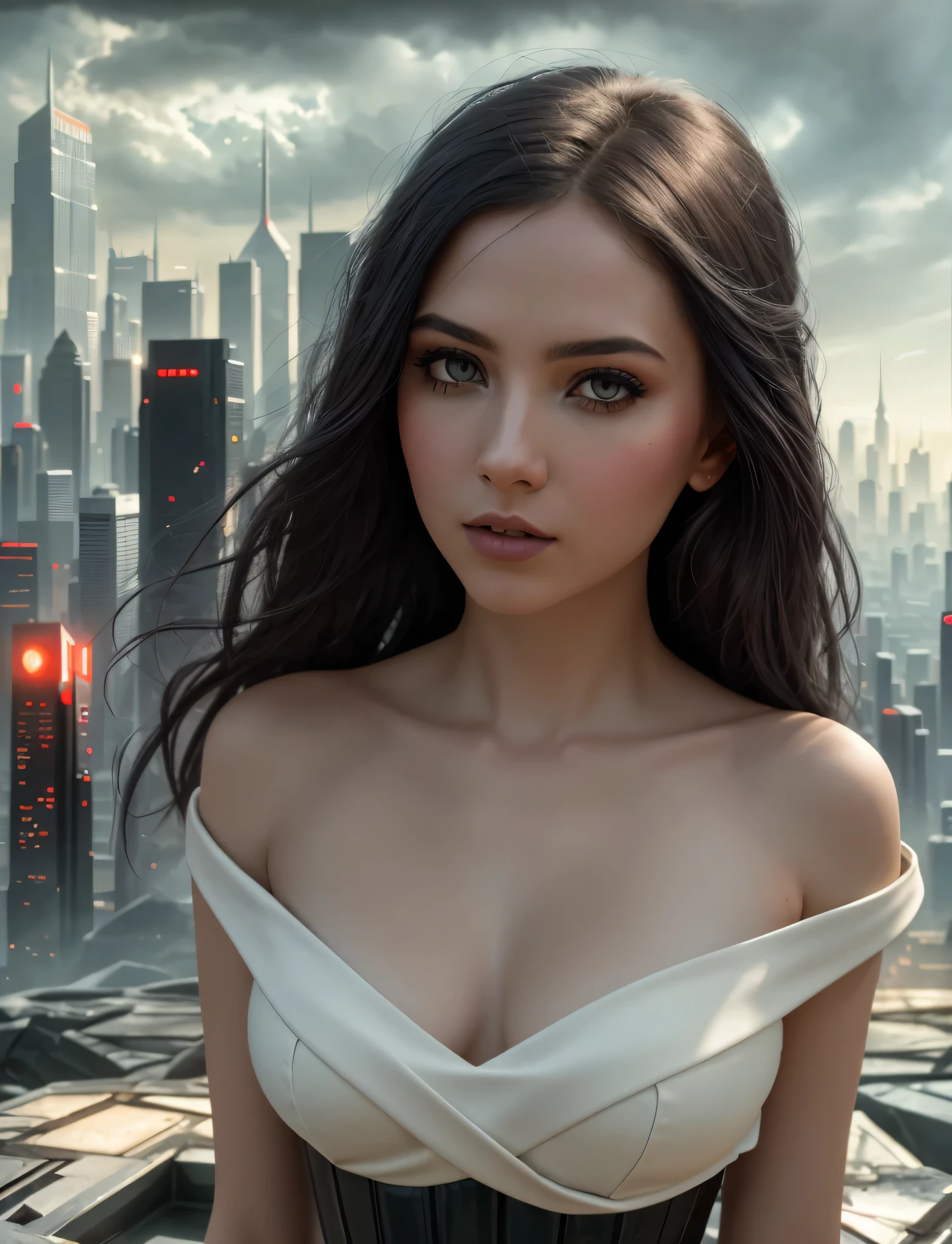 The painting depicts a surreal and futuristic landscape, A blend of awe-inspiring beauty and terror. The sky is deep, Pulsed red, The clouds seem to be alive,On the move. In the distance, Great city view view, towering skyscrapers, Neon lights, and a row of buildings. The city is illuminated by various colors and displays, Adds an overall feeling of awe and wonder.
Sin embargo, There is also a sense of horror in the picture. Buildings and structures appear to be in a state of decay and disrepair, Broken windows, Missing parts, and cracked facades. The city is vibrant, But there is a sense of confusion and unease, It seems that something is wrong.
In the foreground, There is a huge one, Sentient beings, With a distorted and inhuman appearance. Presence consists of wires, circuit, and mechanical parts, It seems to be coming out of the ground, As if rising from the depths of the earth. Its eyes glow with an intense, Red light, Its mouth opened, Rows of sharp sharpness are revealed, Metal teeth.
The background is shrouded in darkness, Only a few, Dim lights are visible in the distance. There is a sense of the unknown and uncertainty, As if the world beyond the cityscape is vast and wild.
The painting captures the essence of a surreal and futuristic world, A blend of awe-inspiring beauty and terror. The images are visually stunning, It shows the world in new and unusual eyes, A mix of the familiar and the unknown.
High detail RAW color art, animation, Cartoon, (white theme), (intricately details, Fine details, ultra - detailed), Ray traching, Subsurface scattering, ((pastel colour)), diffused soft lighting, Shallow depth of field, By (Oliver Wetter), author:Stanley Kubrick, shot on a Canon EOS R5, 28mm lens, f/2.8, Sharp focus bokeh