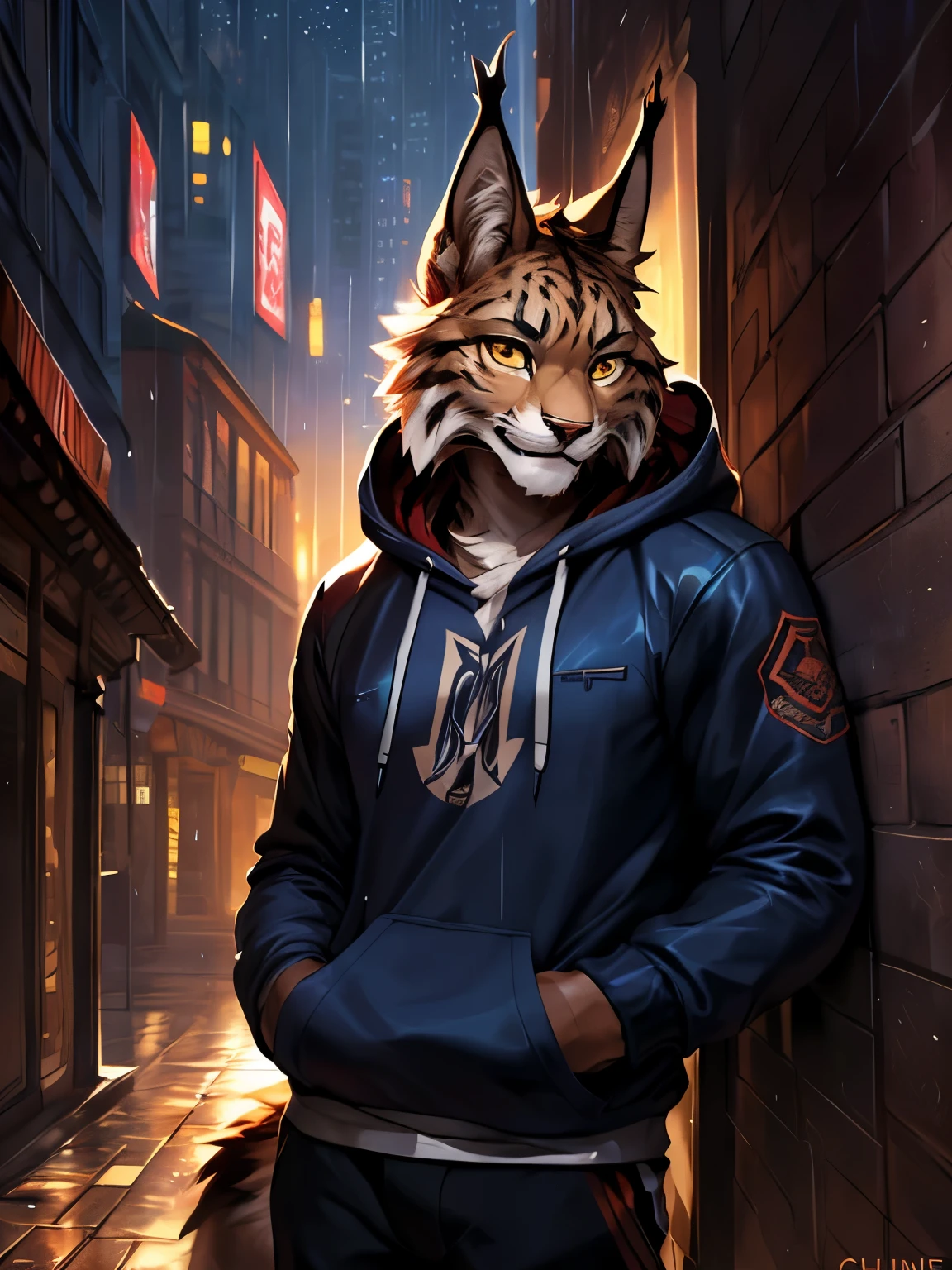 4k, ,8K, A high resolution, best quality, perfect colors, perfect shadows, perfect lighting, posted on e621, (by Chunie, by canyne khai, by t.y.starale), male, furry, Lynx anthro, solo, yellow eyes, (Realistic eye details 1.2), night city, rain, (Realistic Rain detail), Streetwear Hoodie wear, Full body like, Slim body, leaning against the wall, dramatic lighting, soft lighting, day, highly detail, Hair coiled, delight, Standing up position, cool pose charm, Abstract beauty, centre, Looking at the camera, Facing the camera, nearing perfection, Dynamic, highly detailed, illustration, (Realistic background), (Lynx Tail), ((Bonifasko lighting)), (Detailed eyes), perfect pupils, detail eyes, detail fluffy fur, (seductive face:1.2), fit body, Looking at the camera,, fit body, perfect male figure, Detailed fur, Detailed face, Perfect face, Detailed background, (Complex),  (Super Detail), (Ultra Clear), (Best Quality)