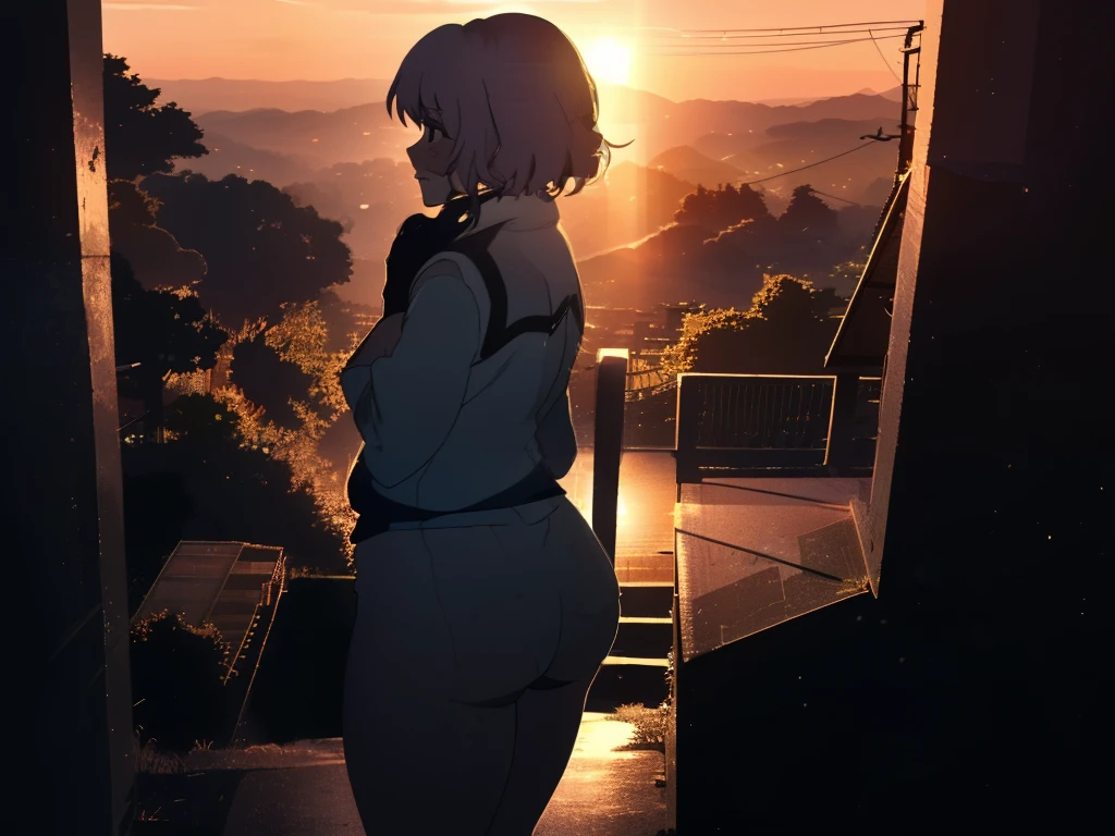 Yagyuu Gisen, Girl standing on stairs from hill during sunset. Dusk, warm light, melancholy entourage, thick thighs, contemplative facial expression, rear side view