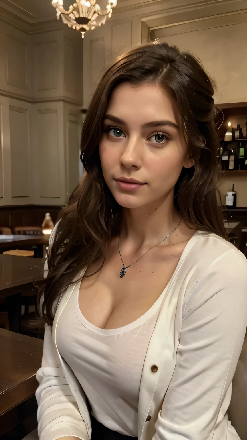 Model name Chloe, Young woman, green eyes, brunette hair, realistic and detailed face,beautiful woman, , detailed face,ma'am, Masterpiece, Ultra detailed and realistic 8k ,I'm sitting in a bar in Milan, There is a cup of coffee on the table, she is wearing a fluffy white jacket, Black V-neck T-shirt and Silver Necklace, coat open. detailed and realistic facial hair, collected in a chignon, very elegant and sensual determined woman