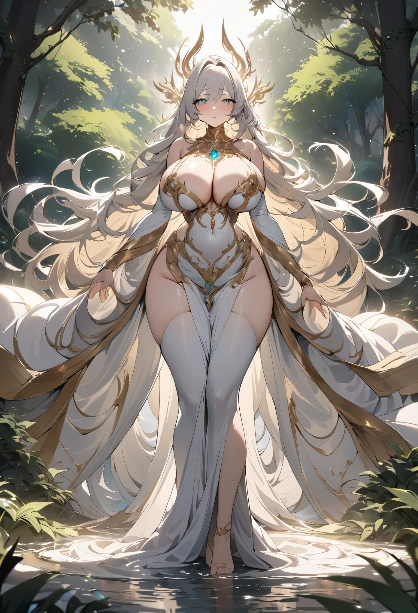 (best quality,4K,masterpiece:1.2),ultra-detailed,goddess,voluptuous frame,white and gold robes,exposed skin,confident,perfect,shimmering aura,radiant beauty,serene expression,piercing eyes,flowing hair,ethereal atmosphere,lush garden backdrop,soft sunlight streaming through trees,subtle color palette,fine brushstrokes,impeccable craftsmanship,mesmerizing details