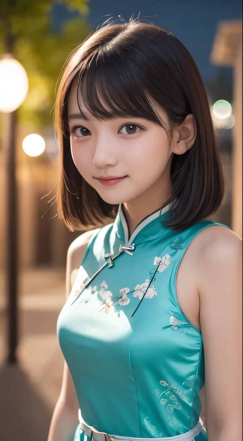 table top, highest quality, 8k, , teen, RAW photo, absurd, award-winning portraits, smile, alone, (night:1.8), idol face, delicate girl, Upper body, Digital single-lens reflex camera, looking at the viewer, Frank, Sophisticated,thin arms, professional lighting, film grain, chromatic aberration, (Eye and face details:1.0), (Bokeh:1.1) , (qipao dress:1.1) , close your mouth