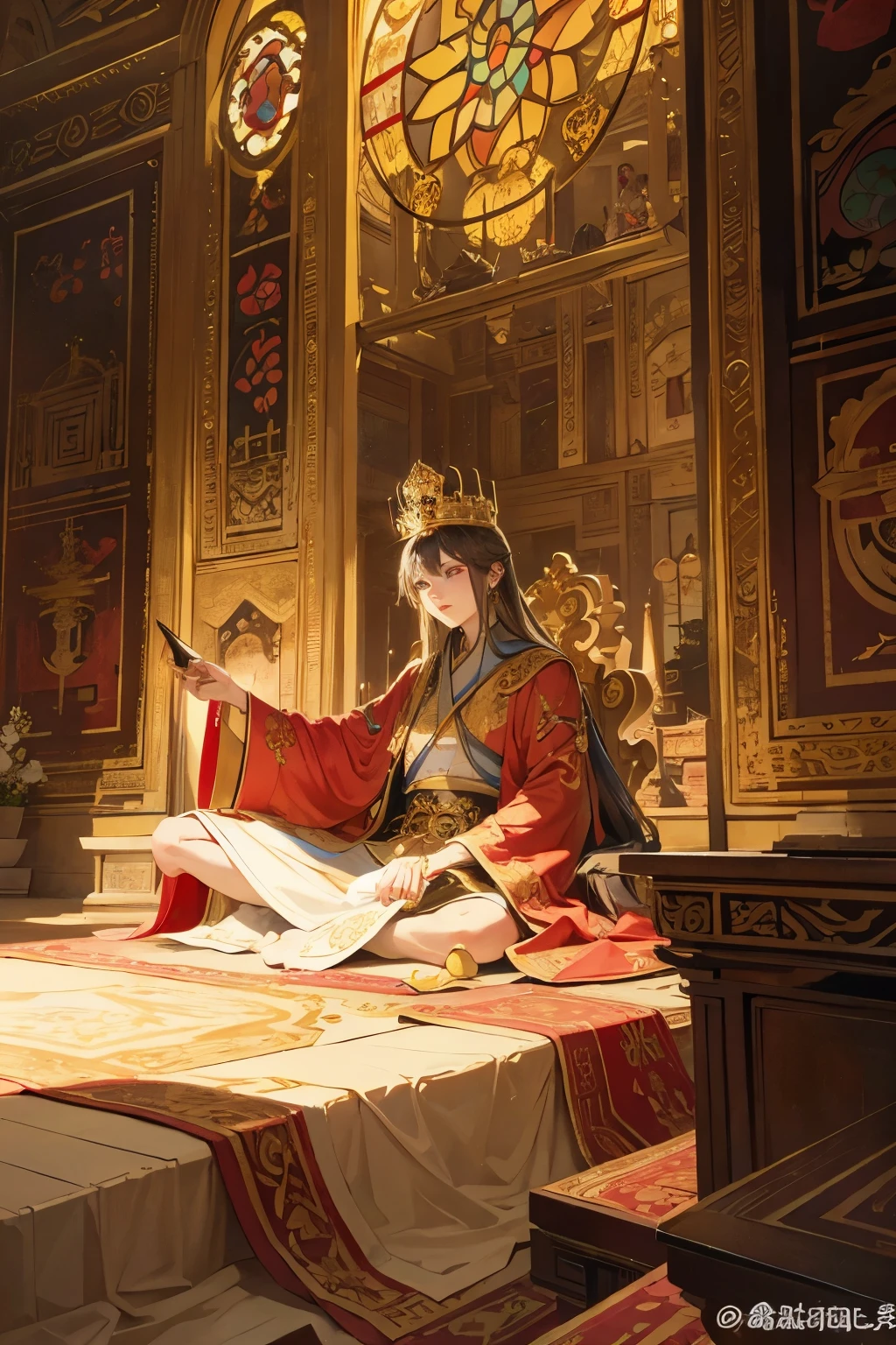 within a magnificent palace,King Leonardo sits on a richly decorated throne,His eyes are full of wisdom and compassion。He wears exquisite royal robes,Wearing a golden crown,Surrounded by his loyal advisors and servants。The palace walls are hung with ornate tapestries,Describes the glorious moments of the kingdom。The sun shines on the king through the stained glass windows,Seems extremely sacred。