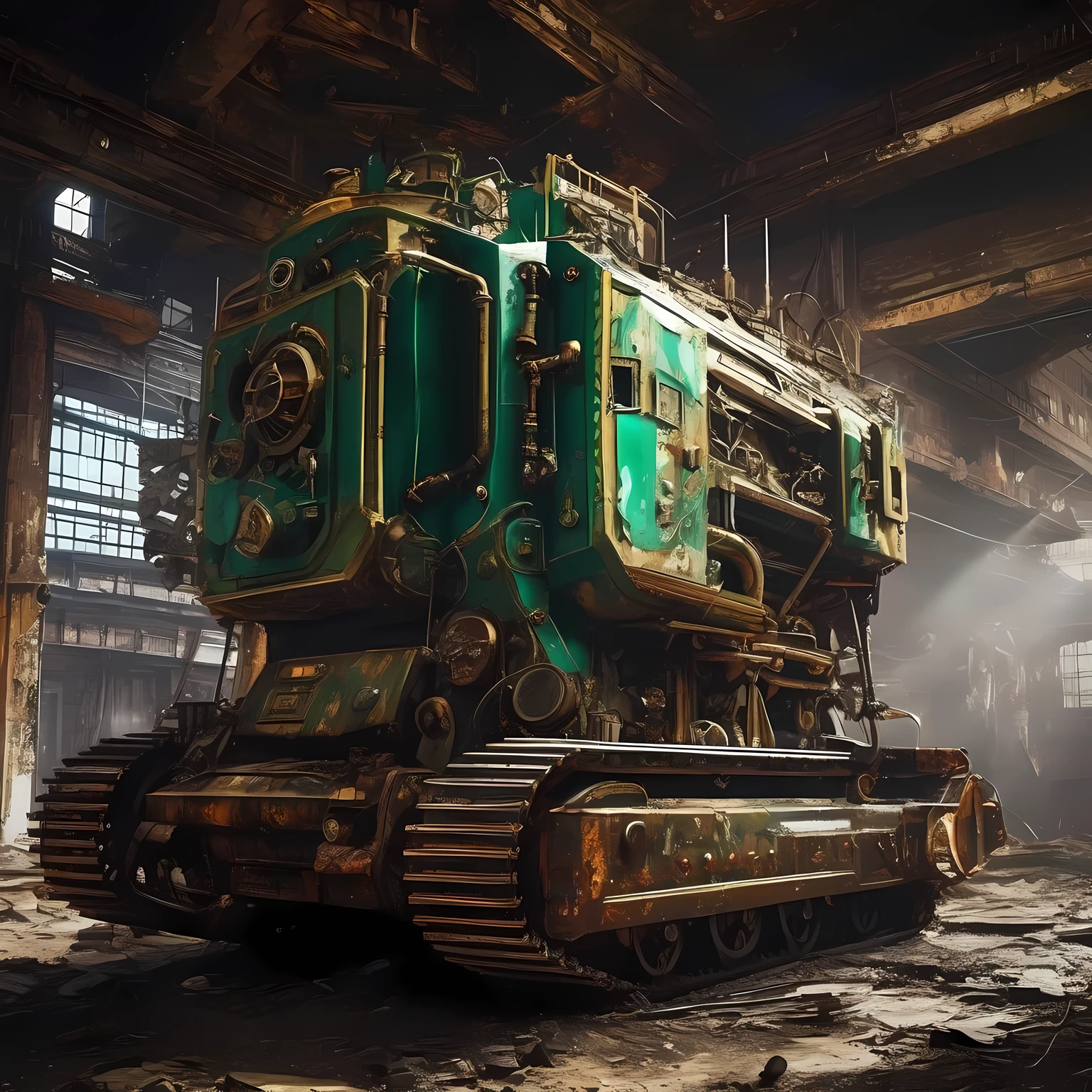 on the screen,it'Abandoned giant machine in the city,its shape design incorporates elements of gemstones,like emerald、diamond, ETC,The metallic texture of the machine contrasts sharply with the brilliance of the gemstones.,Create a noble and mysterious atmosphere。On the mechanical body,Some rusty debris and mottled marks can be seen,这些细节体现了it的经验,it also enhances the visual impact of the picture.。The shape and structure of the machine are very complex,There are many fine parts and mechanical devices,不禁让人浮想起it昔日的威势与辉煌。Machinery surroundings,it is a dilapidated urban background,high-rise buildings and destroyed vehicles,suggesting that the city suffered severe damage。The whole picture is full of decadent and desolate atmosphere,Shows the threats and dangers posed by derelict mechas