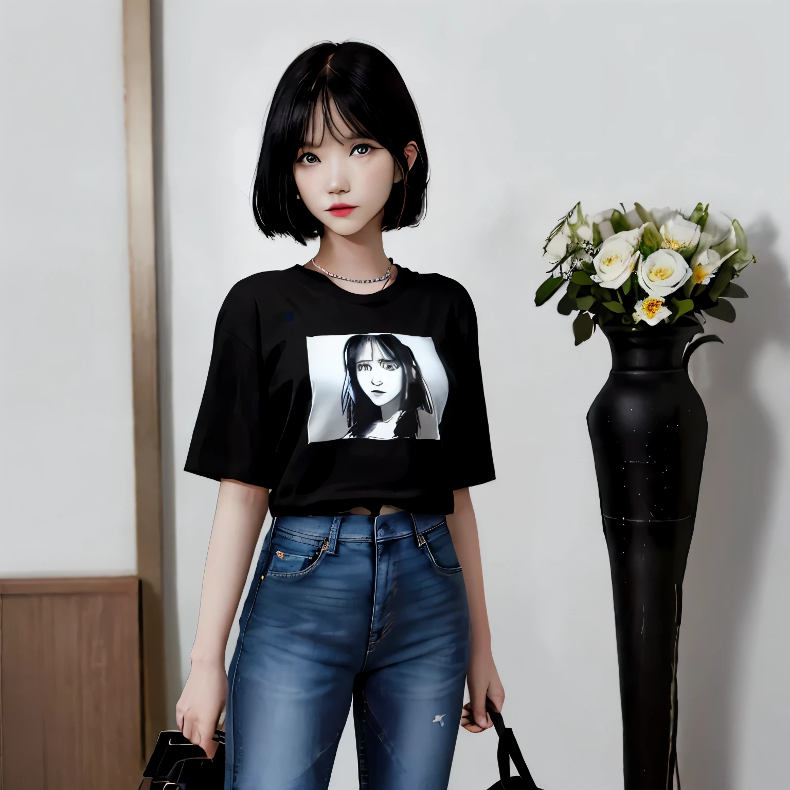 Arafed woman stands in a room with a flower vase and a black and white photograph, Jeans and T-shirt, Image on the store's website, Lookbook, Hyperrealistic, Graphic Yew, she wears street clothes, inspired by Hannah Frank, ( ( ( in jeans ) ) ), advertising image, Designed, outfit photo, Design, Tall emo art student