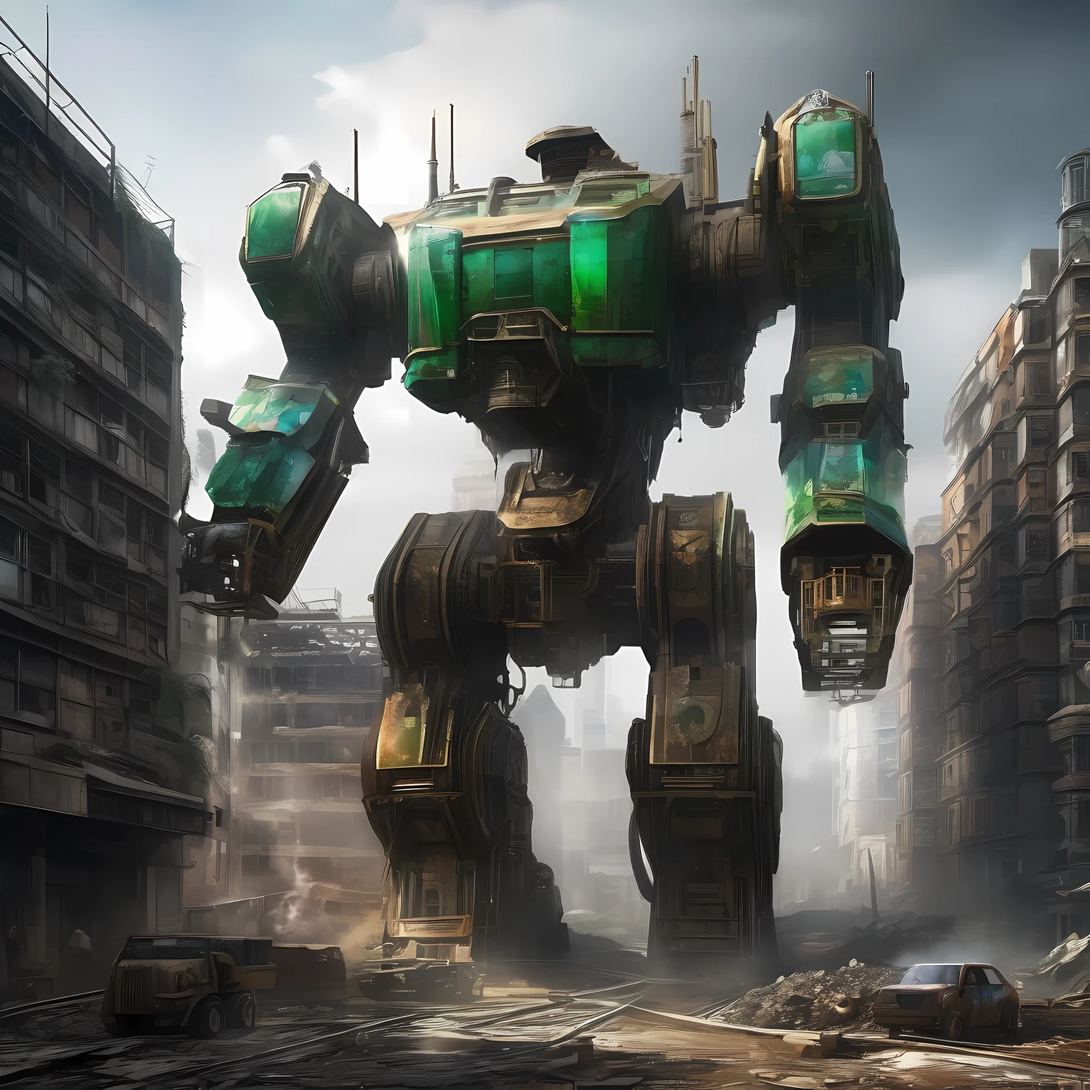 on the screen，it&#39;Abandoned giant machine in the city，its shape design incorporates elements of gemstones，like emerald、diamond, ETC，The metallic texture of the machine contrasts sharply with the brilliance of the gemstones.，Create a noble and mysterious atmosphere。On the mechanical body，Some rusty debris and mottled marks can be seen，这些细节体现了it的经验，it also enhances the visual impact of the picture.。The shape and structure of the machine are very complex，There are many fine parts and mechanical devices，不禁让人浮想起it昔日的威势与辉煌。Machinery surroundings，it is a dilapidated urban background，high-rise buildings and destroyed vehicles，suggesting that the city suffered severe damage。The whole picture is full of decadent and desolate atmosphere，Shows the threats and dangers posed by derelict mechas