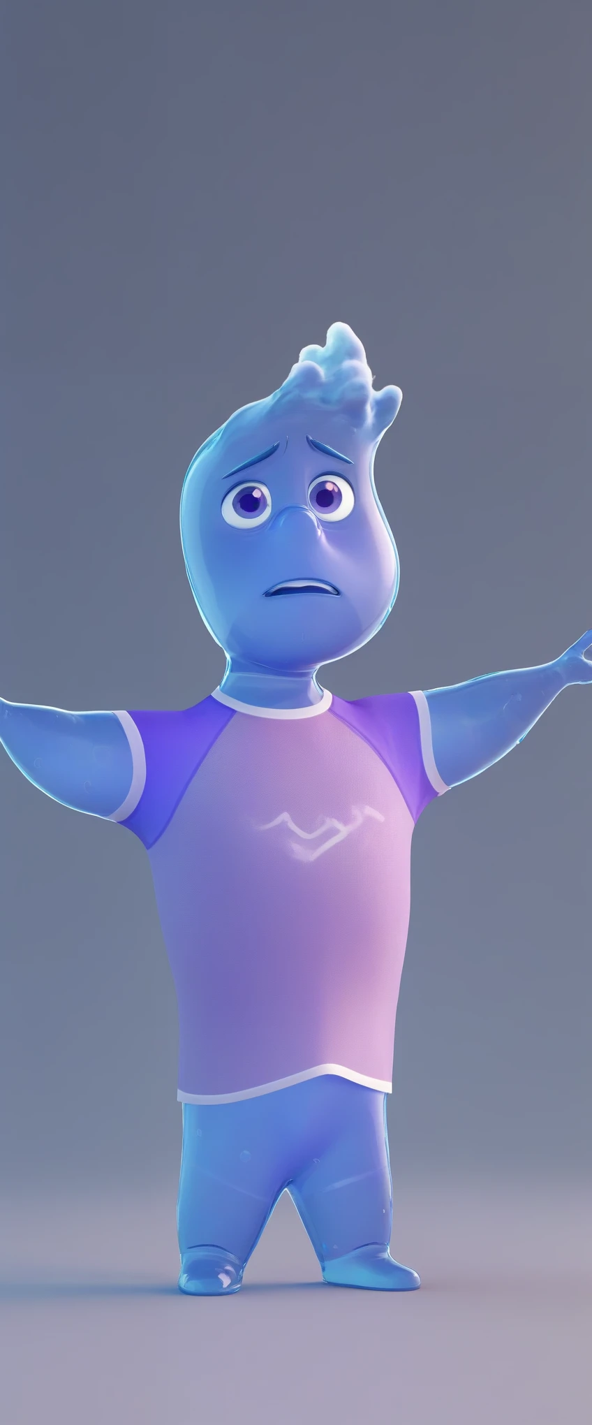 small chibi wade 3d render, wade holding something over the head with his arms raised to top, cute blue chibi wade, purple shirt, 3d render