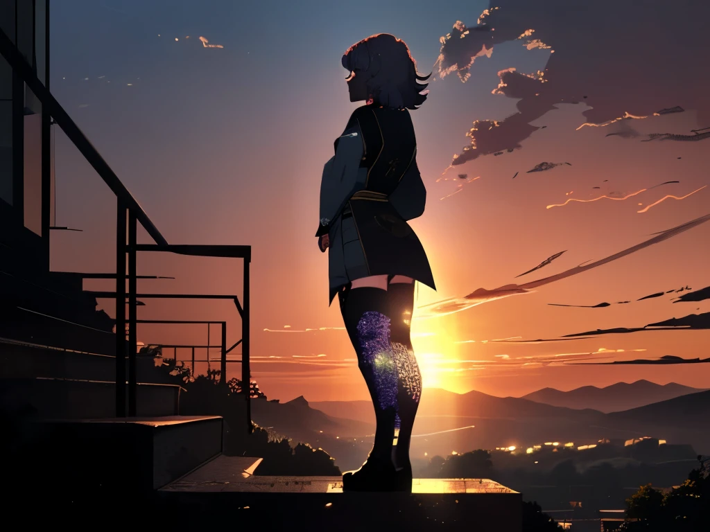 Yagyuu Gisen, Girl standing on stairs from hill during sunset. Dusk, warm light, melancholy entourage, thick thighs, contemplative facial expression, rear side view, European landscape, clearly visible person, pattern print legwear, unusual stockings