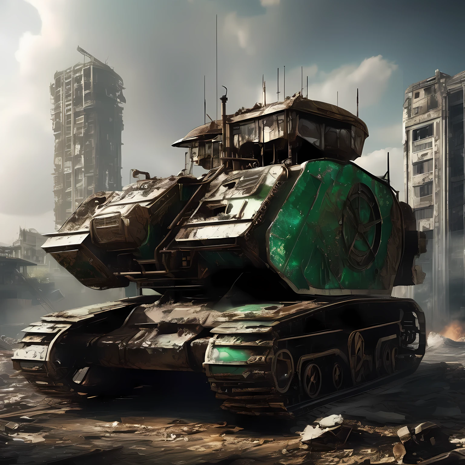 on the screen,it'Abandoned giant machine in the city,its shape design incorporates elements of gemstones,like emerald、diamond, ETC,The metallic texture of the machine contrasts sharply with the brilliance of the gemstones.,Create a noble and mysterious atmosphere。On the mechanical body,Some rusty debris and mottled marks can be seen,这些细节体现了it的经验,it also enhances the visual impact of the picture.。The shape and structure of the machine are very complex,There are many fine parts and mechanical devices,不禁让人浮想起it昔日的威势与辉煌。Machinery surroundings,it is a dilapidated urban background,high-rise buildings and destroyed vehicles,suggesting that the city suffered severe damage。The whole picture is full of decadent and desolate atmosphere,Shows the threats and dangers posed by derelict mechas
