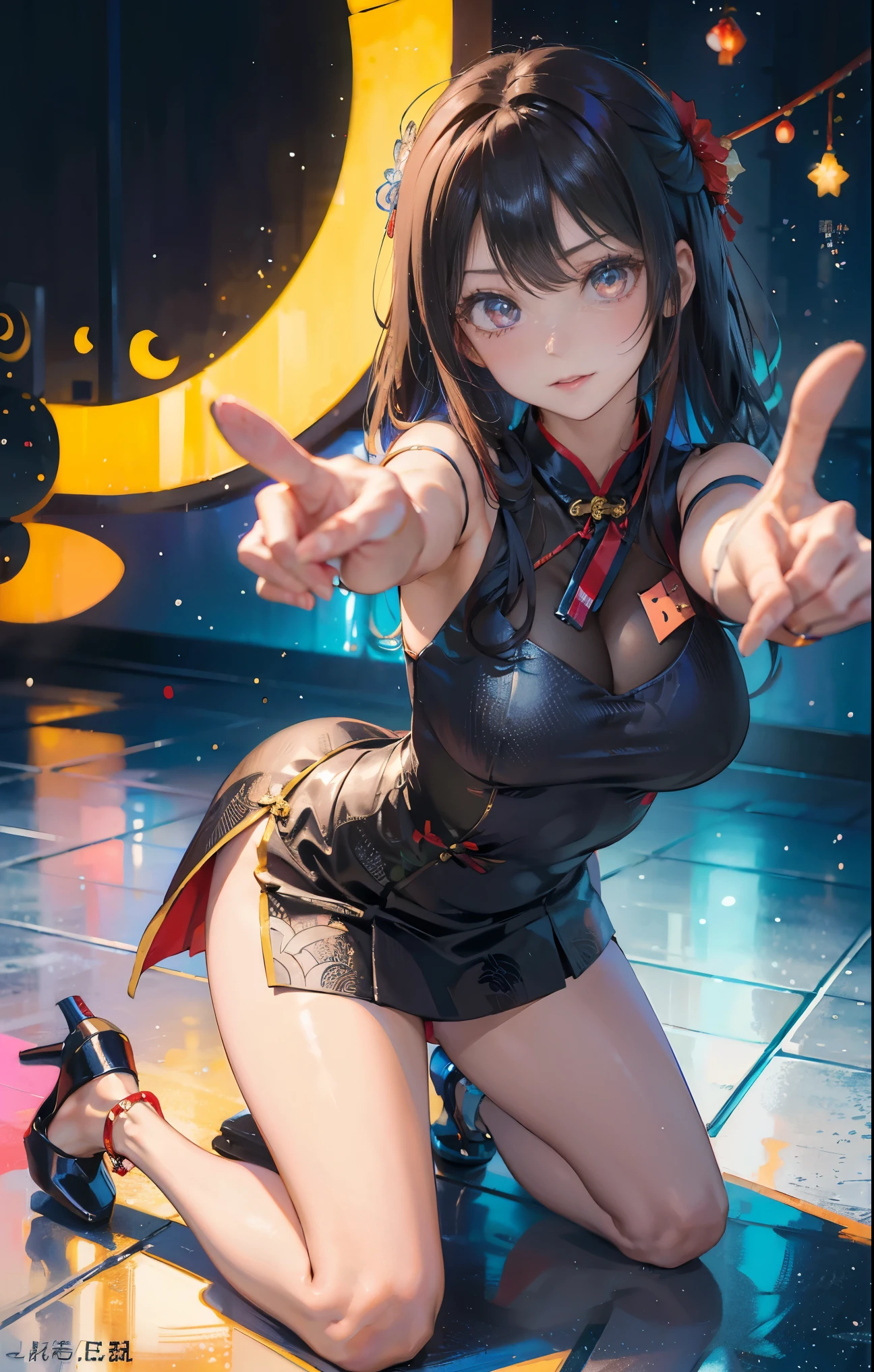 best qualtiy,tmasterpiece,Ultimate Resolution,downy,highly colorful,Cheongsam beauty,A MILF,on cheongsam,Kneeling Pose,(Pointing at you in the ass),Collar,anklets,high-heels,high-heels,Correct posture