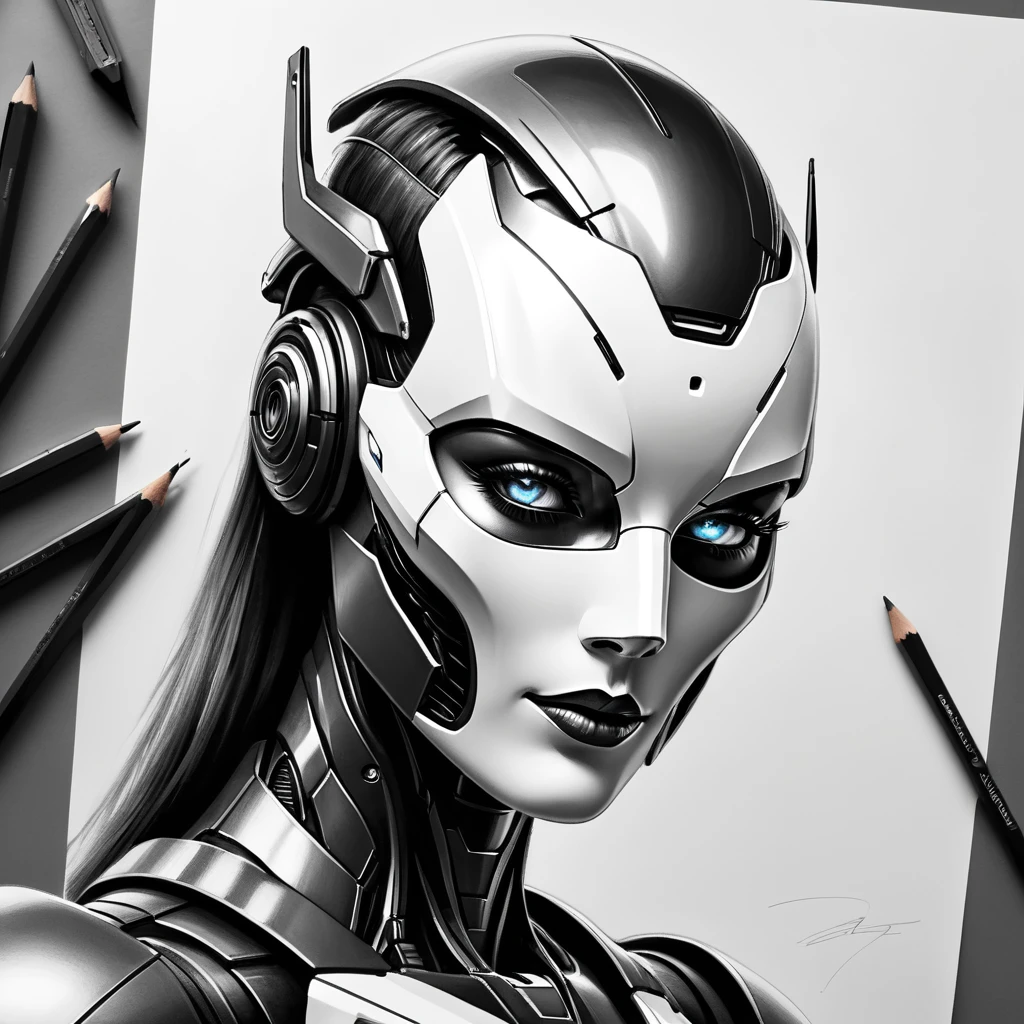 ,(character sketch:1.1),(charcoal drawing:1.2),Sketch,(pencil drawing:1.3),Charcoal painting style,Black metal and white,character sketch, high resolution, 1womanl, Solo, (Detailed face), kda,bioluminic, Black metal and white galactic cybernetic mask, (abstracted, Make a sketch of a robot with high technology:1.5), Part description, SH4G0D,