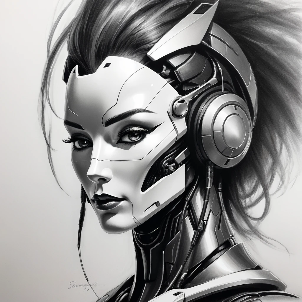 ，(character sketch:1.1)，(charcoal drawing:1.2)，Sketch，(pencil drawing:1.3)，Charcoal painting style，Black metal and white，character sketch, high resolution, 1womanl, Solo, (Detailed face), kda，bioluminic, Black metal and white galactic cybernetic mask, (abstracted, Make a sketch of a robot with high technology:1.5), Part description, SH4G0D,