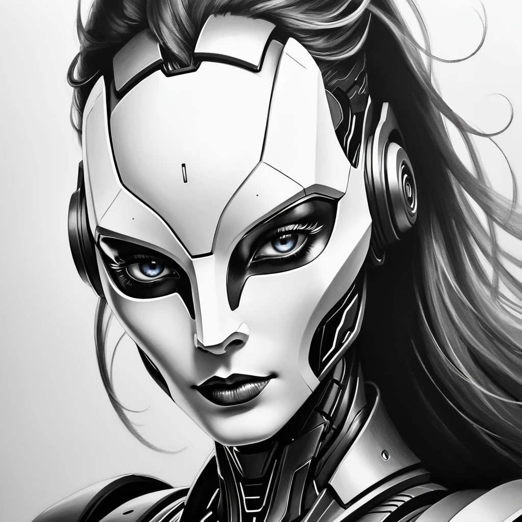 ，(character sketch:1.1)，(charcoal drawing:1.2)，Sketch，(pencil drawing:1.3)，Charcoal painting style，Black metal and white，character sketch, high resolution, 1womanl, Solo, (Detailed face), kda，bioluminic, Black metal and white galactic cybernetic mask, (abstracted, Make a sketch of a robot with high technology:1.5), Part description, SH4G0D,