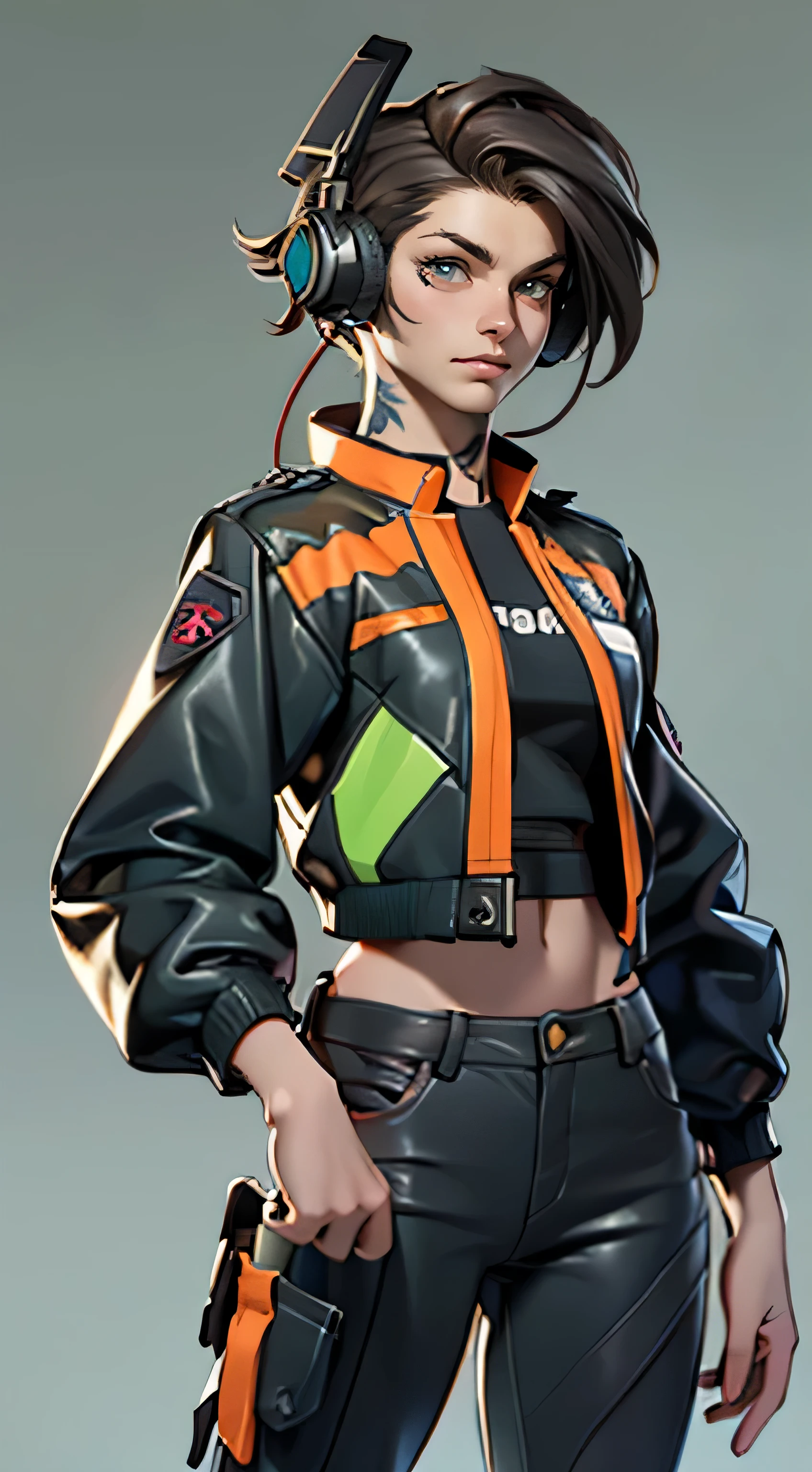 11:23(((best quality: 1.4))),(Unparalleled masterpiece), (ultra high definition),(Hyper-realistic 8K CG)、（one hand making movements），（dark hair），Headphone equipment，（girl）， ((( Body))), (((1 girl in))), 25-year-old American soldier with perfect Body,,Beautiful and well groomed face,muscular Body:1.2,Solid color jeweled jacket with details, (Pictures from head to thighs)， Complex equipment, orange color，fluorescent green stripes，trousers，The clothes inside are orange color，Clothes with armored metal electronic parts, poison tattoo )