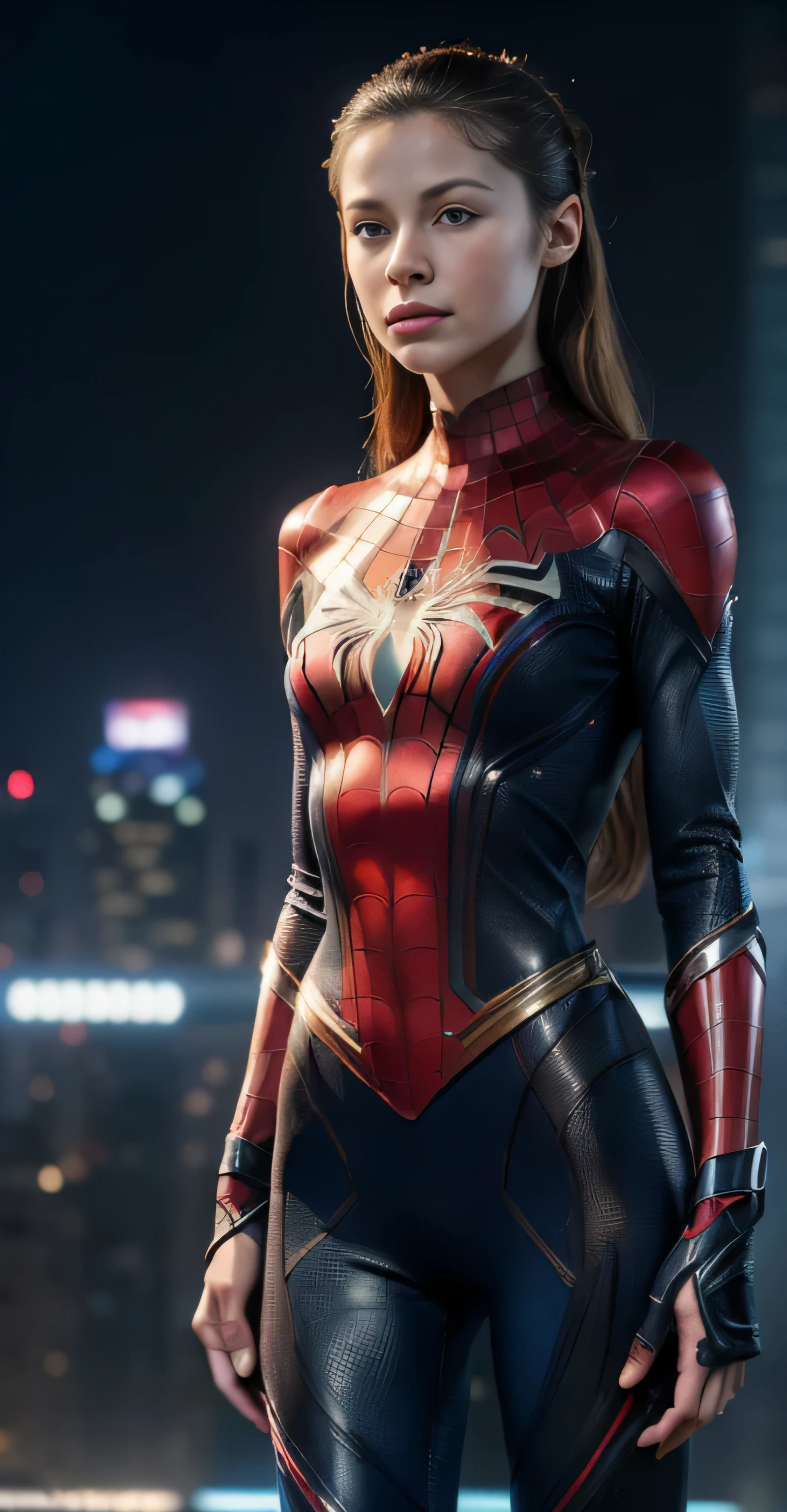 ((masterpiece, 8K, 3D, Realistic, Super Detail)), (1girl:1.3), slender 17 age, Ultra Micro photography, Super realistic, Perfect face, Beautiful features, ((Perfect female body)) Beautiful features, ( body), ((small hip)), Melissa Benoist as 2 piece Spiderman Suit ((Exposed thigh)), Exposed Skin, Front Full body Shot, full body portrait, futuristic city background