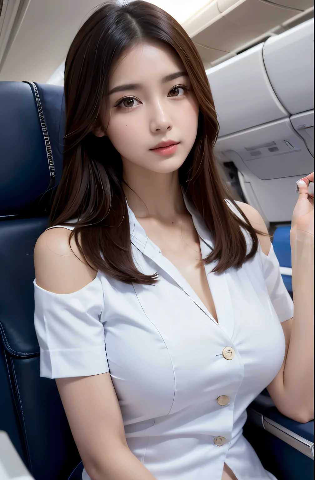 best quality, masterpiece, 8k, ultra high resolution, (actual: 1.4), 1 girl, pretty face, Symmetrical eyes, big deal, perfect body proportions, Airline stewardess, the gaze of the beholder, (On the plane: 1.2), Front view, shoulder jump, absolute area (1.3),