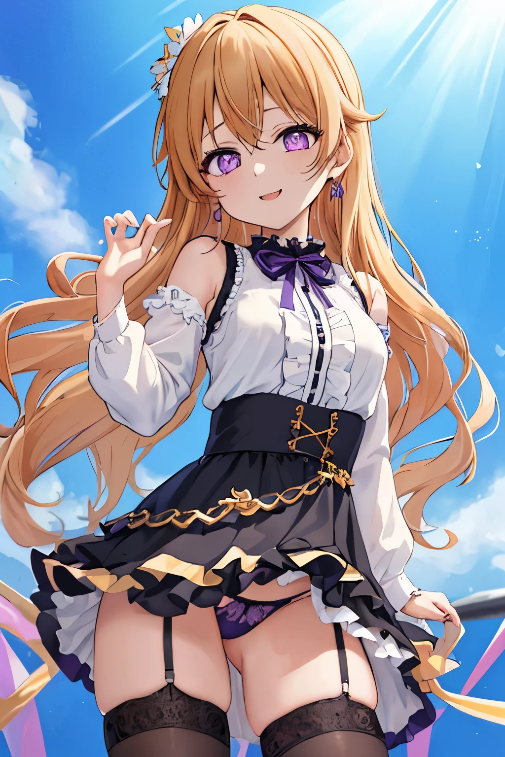 super high quality、(masterpiece)、2people々girl、[3D images:1.5],charming eyes、earrings,mouth mask、black mask、NSFW、(highest quality, masterpiece:1.2), (1 girl, 一people々in:1.2), cute,Very embarrassing panic smile,drooling, , detailed background, (looking at the viewer, 一people々in focus:1.2), light shines on your face, null, blue null, cowboy shot, sunlight, Lens flare, Depth of written boundary, scenery, open your mouth, Kanata konoe, long hair, purple eyes, blonde hair, straight hair, ,Are standing,white clothes、frills、black ribbon、(Black skirt lift))、((light blue lace panties)),sexy pose　Bewitching、black knee socks、Show panties through stockings、looking at the viewer、panty shot、Composition from the front、looking at the viewer、You can see her pink panty shots and slender body.１people々々&#39;Japan１８1歳girl、一people々in、slightly disheveled hair、頭からつま先まin全身、Composition from slightly below、lift up the skirt、show underwear、Underwear emphasis、delicate underwear、(((Show off your underwear)))、open your legs、Hands are immobilized、