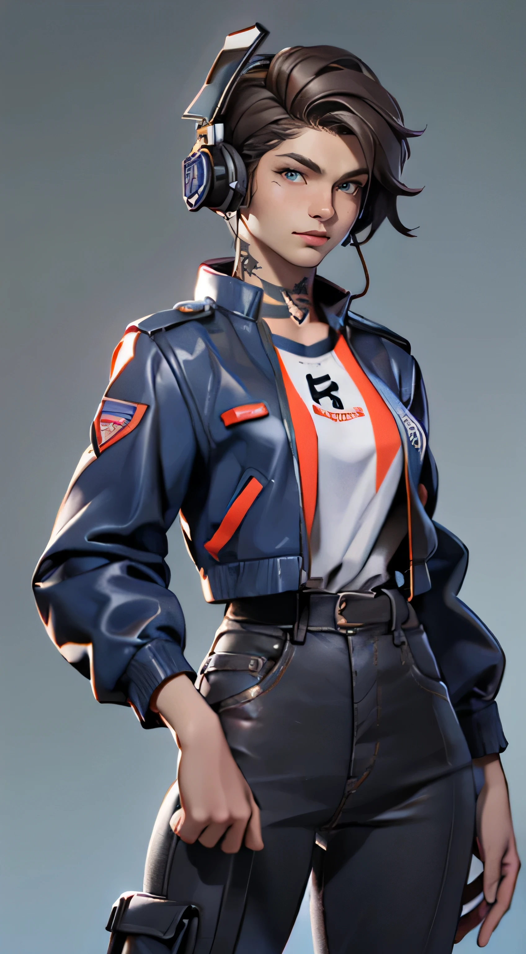 11:23(((best quality: 1.4))),(Unparalleled masterpiece), (ultra high definition),(Hyper-realistic 8K CG)、(one hand making movements),(dark hair),Headphone equipment,(girl), ((( Body))), (((1 girl in))), 25-year-old American soldier with perfect Body,,Beautiful and well groomed face,muscular Body:1.2,Solid color jeweled jacket with details, (Pictures from head to thighs), Complex equipment, Purple,trousers,The clothes inside are orange and blue,Clothes with armored metal electronic parts, poison tattoo )