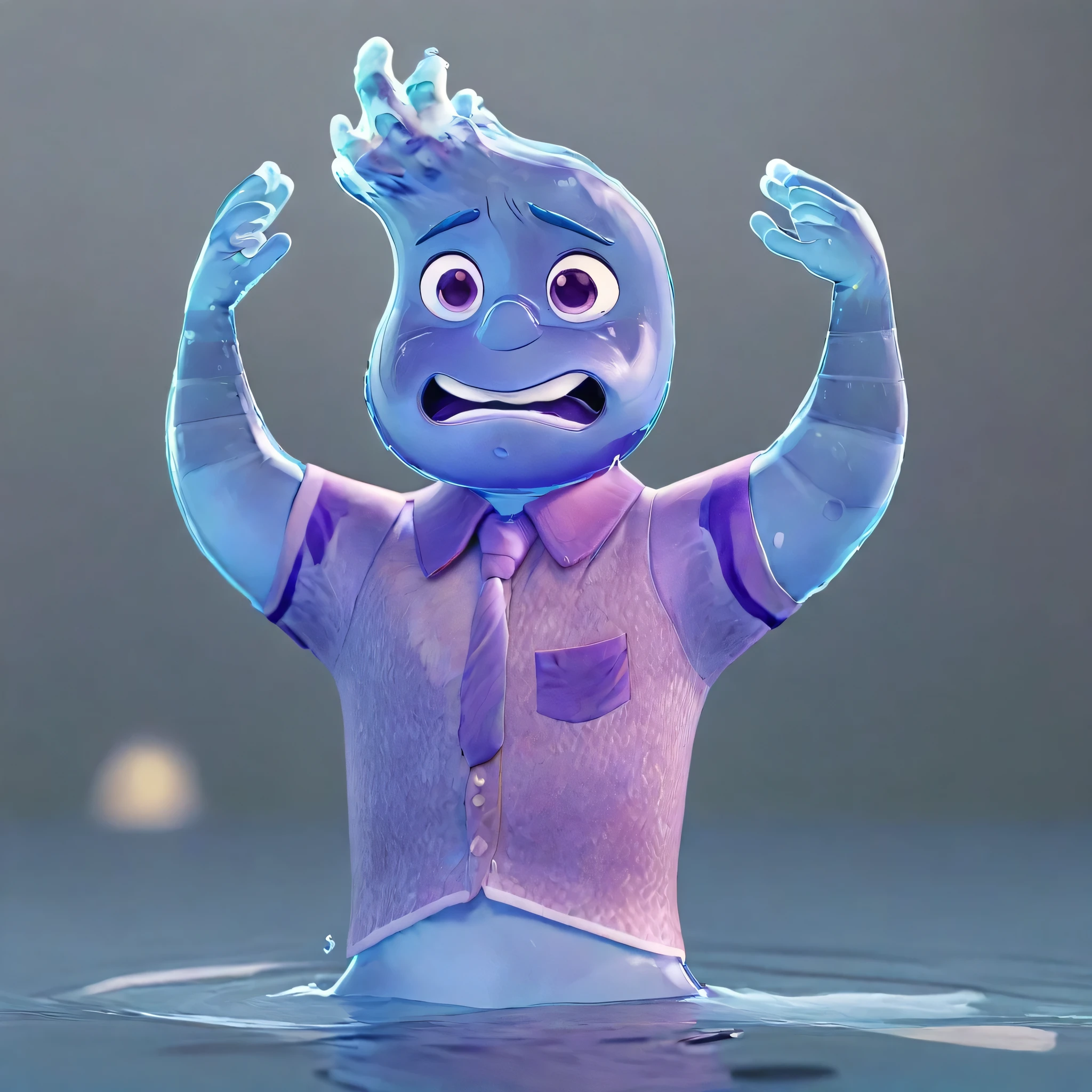 small chibi wade concept art, wade with raised up hands, upset, wade made from water, purple shirt, arms pulled to top, upset, blue water skin, perfect 8k 3d render, cgi masterpiece