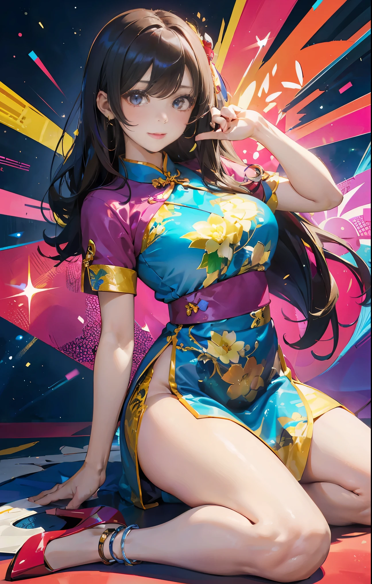 best qualtiy,tmasterpiece,Ultimate Resolution,downy,highly colorful,Cheongsam beauty,A MILF,on cheongsam,Kneeling Pose,(Pointing at you in the ass),Collar,anklets,high-heels,high-heels,Correct posture