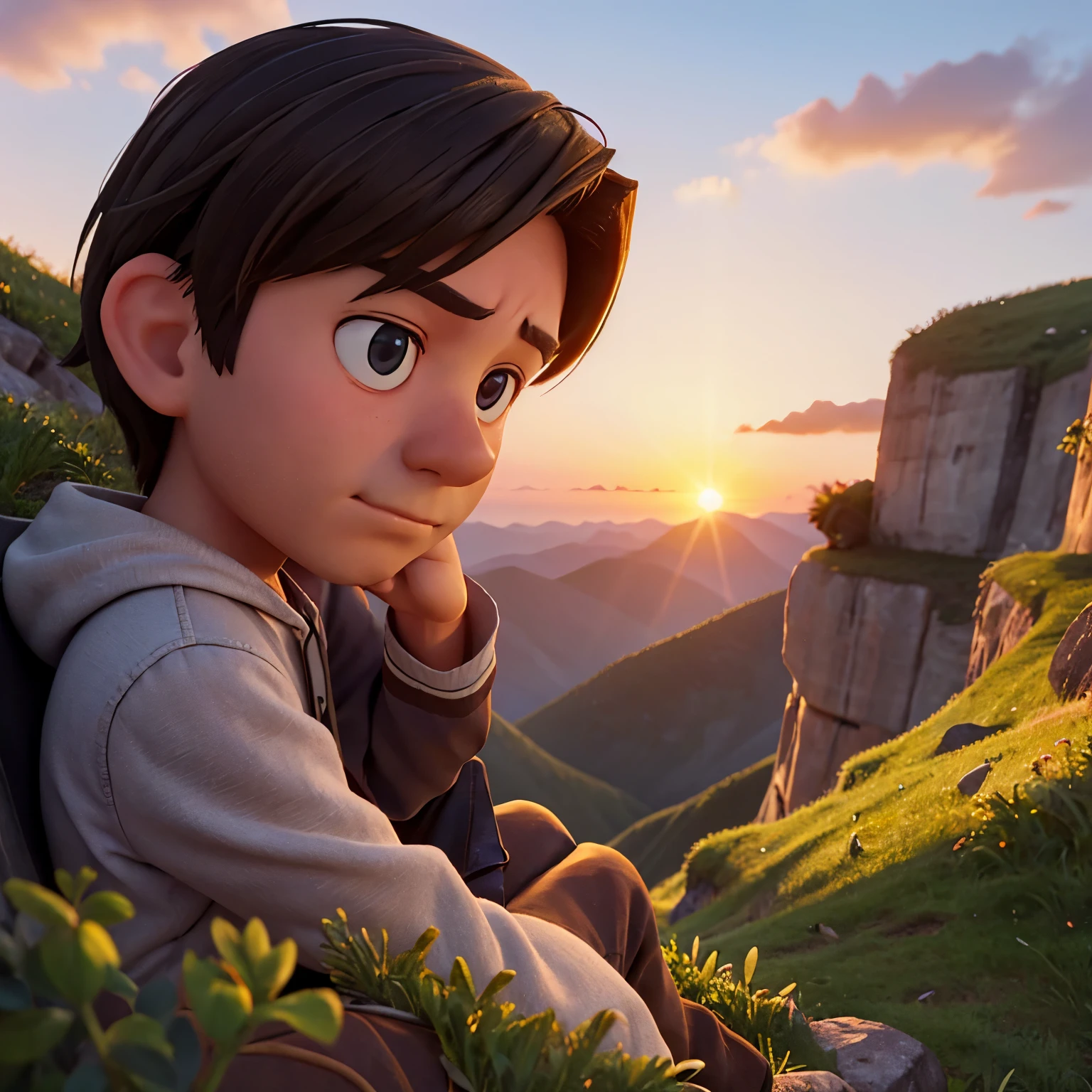 Man feeling hopeless and down sitting on top of mountain on the right side and there's sunset during that time.. the face should be not seen and he is sad..