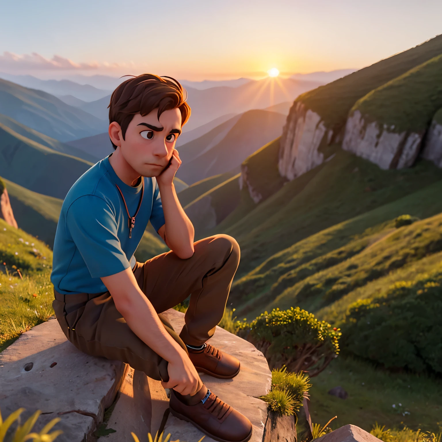 Man feeling hopeless and down sitting on top of mountain on the right side and there's sunset during that time.. the face should be not seen and he is sad..