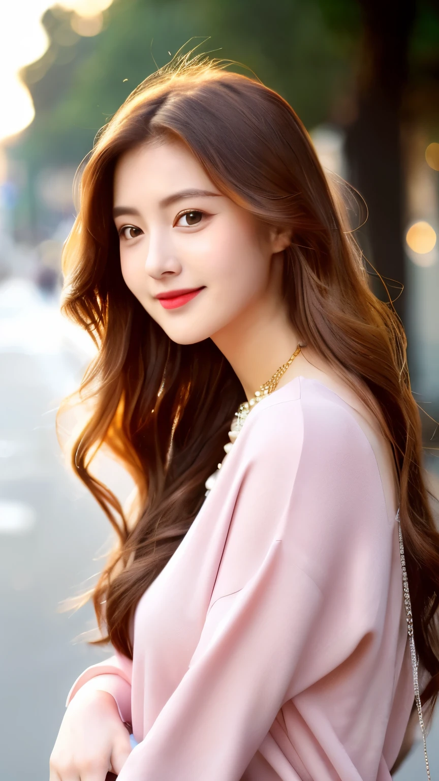 best quality, ultra-high resolution, real, photorealistic, 8K, masterpiece, BREAK, a Japanese beach woman, cute, young, full body, full body, BREAK, long and light brown and pink hair, white skin, blushing cheeks, detailed red lips, drunk, smile, BREAK, leopard jacket, a big necklace, BREAK, (a lamborghini:1.3, a lamborghini:1.1, a lamborghini:1.1, a lamborghini:1.1, in a street), natural lighting