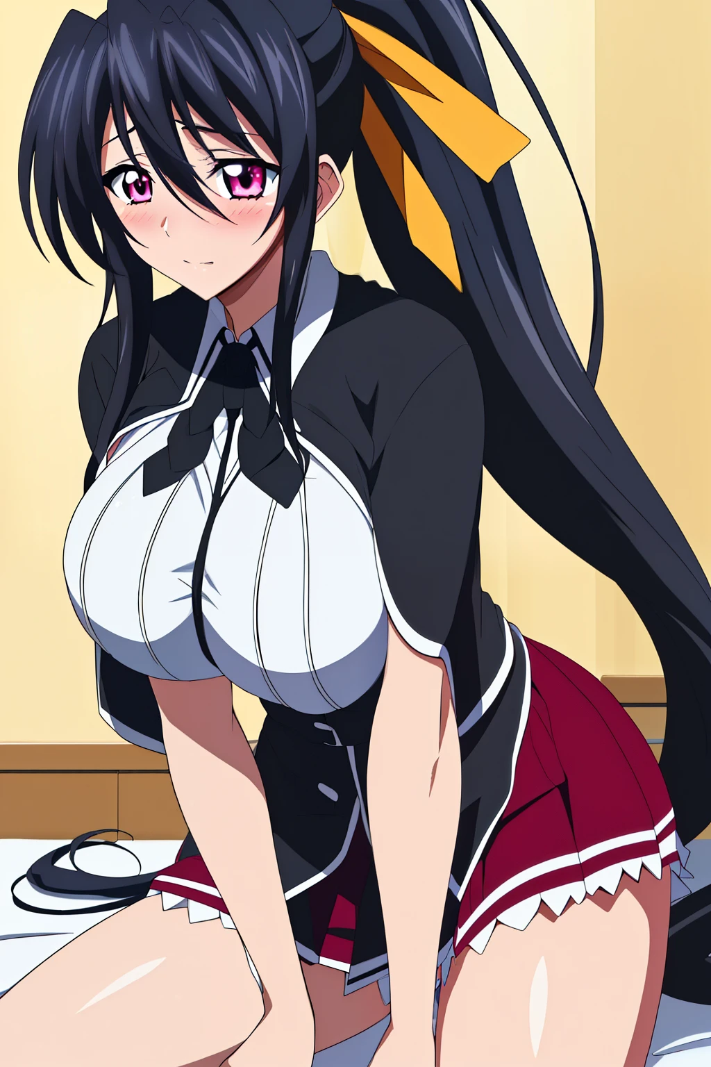 Akeno Himejima, High School D×D, (close-up:1.2), (crotch focus:1., (from below:1.3), spread legs, (on bed, on back), Black_cape,Black neckwear,white shirt,short_sleeves, sailor_collar,Red pleated skirt,school uniform, (huge breasts), white lace panties, (gleaming skin:1.3), blush, embarrassed, black hair, pink eyes, Very Long Hair,hair_between_eyes,ponytail,Yellow_hair_ribbon,1 girl, 20yo,Young female, best quality, masterpiece, ultra detailed, absurdres, absolutely resolution