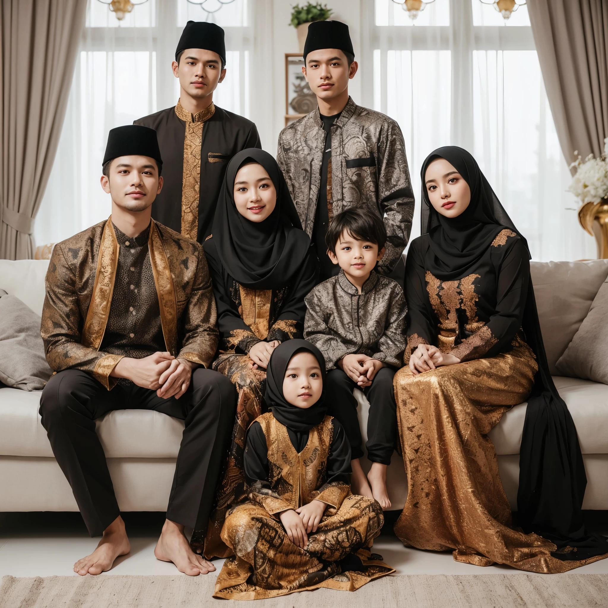 Family photo in Indonesia, seven members. Three adult men, clean-shaven, Asian body posture, two adult women in hijabs, one 6--old l in a hijab, and one 3-year-oly. Thare all wearing coordinated BATIK and golden long dresses, posing seated on the living room sofa, with a luxurious living room background. The photo is realistic, detailed, ultra HD, with white lighting, best photography, 8k.