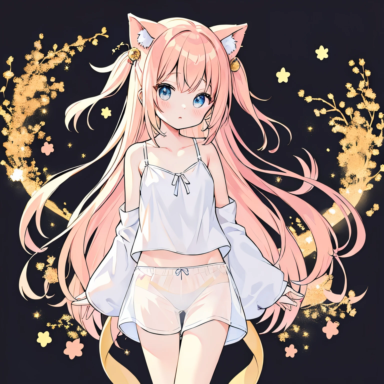highest quality、masterpiece、full body figure、(anime style)、absurd、High resolution、beautiful background、transparent white cloth、fairy clothes、(translucent white camisole:1.2)、(translucent culotte shorts、sheer culotte shorts:1.3)、gold ornaments、、petite、可愛い女の子