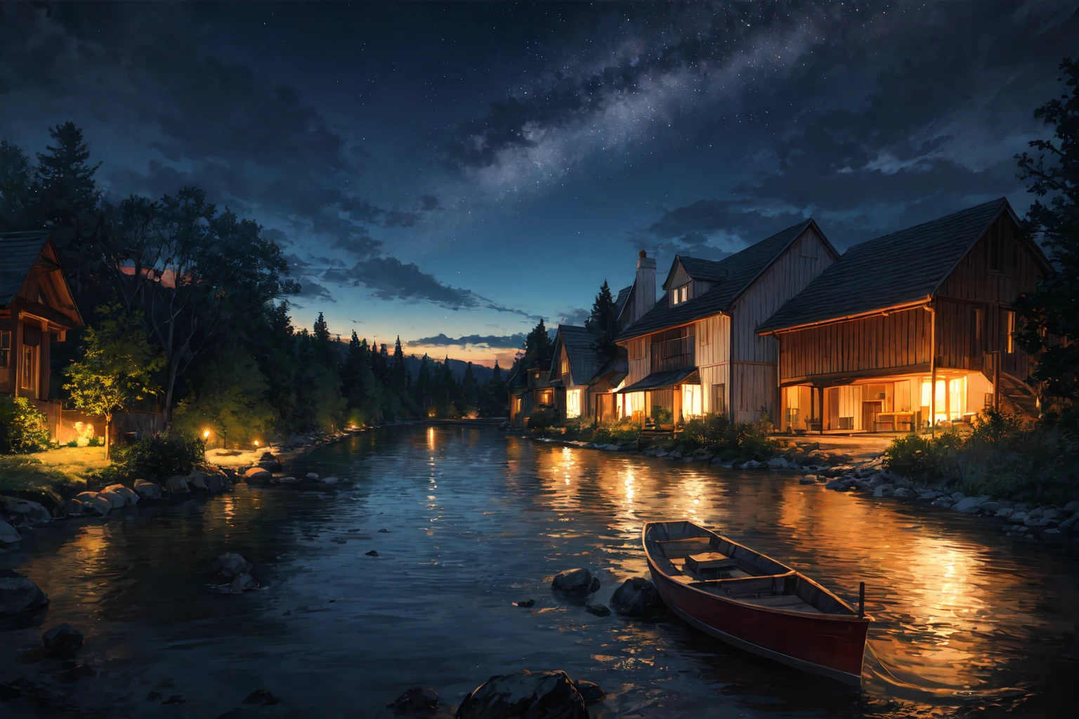 landscape, [river | forest], detailed background, dark, nighttime, night, night sky, front view